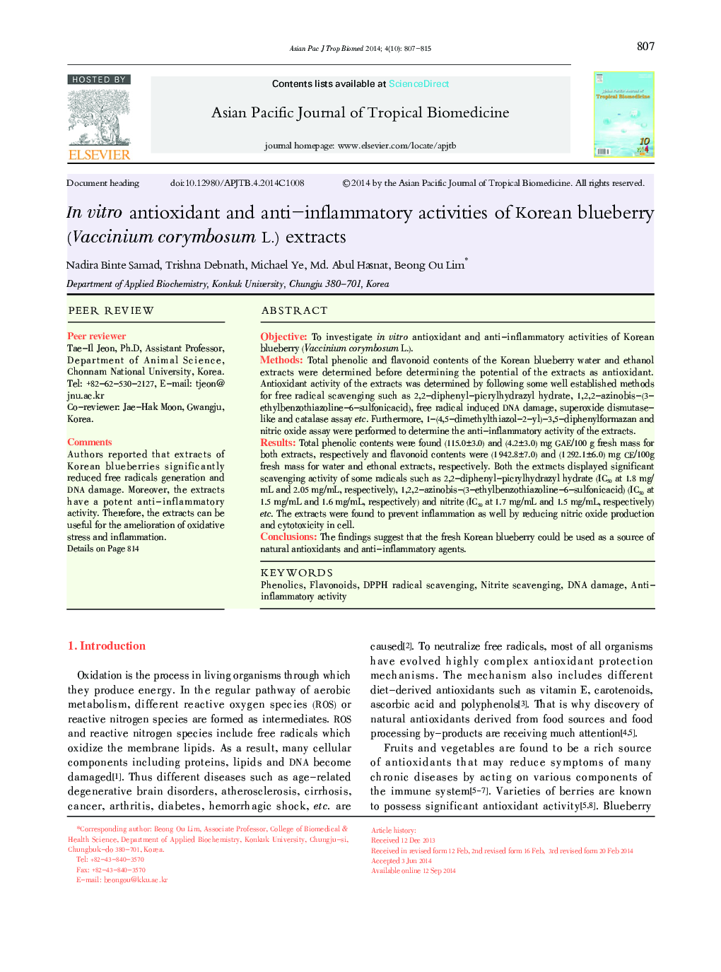 In vitro antioxidant and anti–inflammatory activities of Korean blueberry (Vaccinium corymbosum L.) extracts 