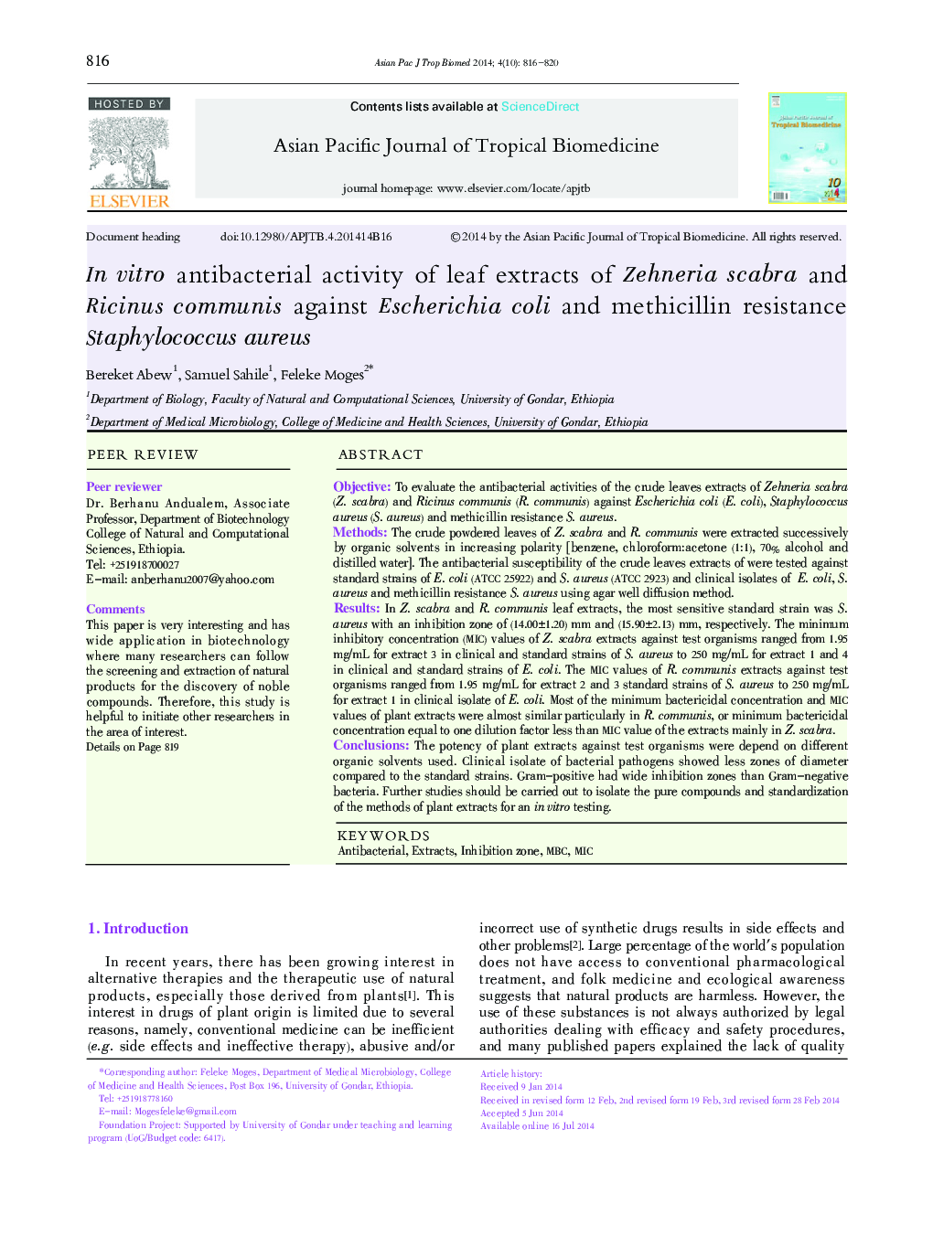In vitro antibacterial activity of leaf extracts of Zehneria scabra and Ricinus communis against Escherichia coli and methicillin resistance Staphylococcus aureus