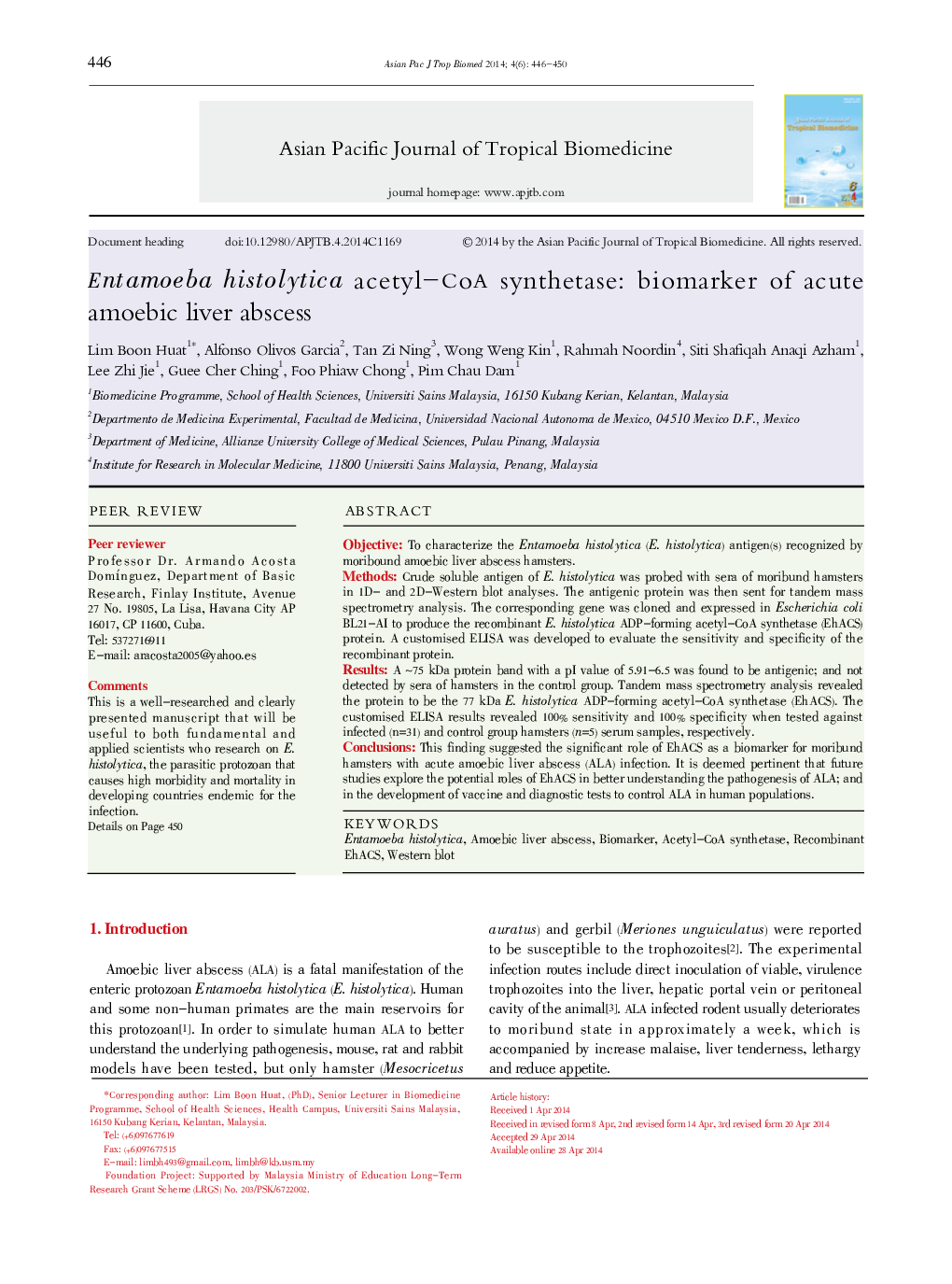 Entamoeba histolytica acetyl–CoA synthetase: biomarker of acute amoebic liver abscess 