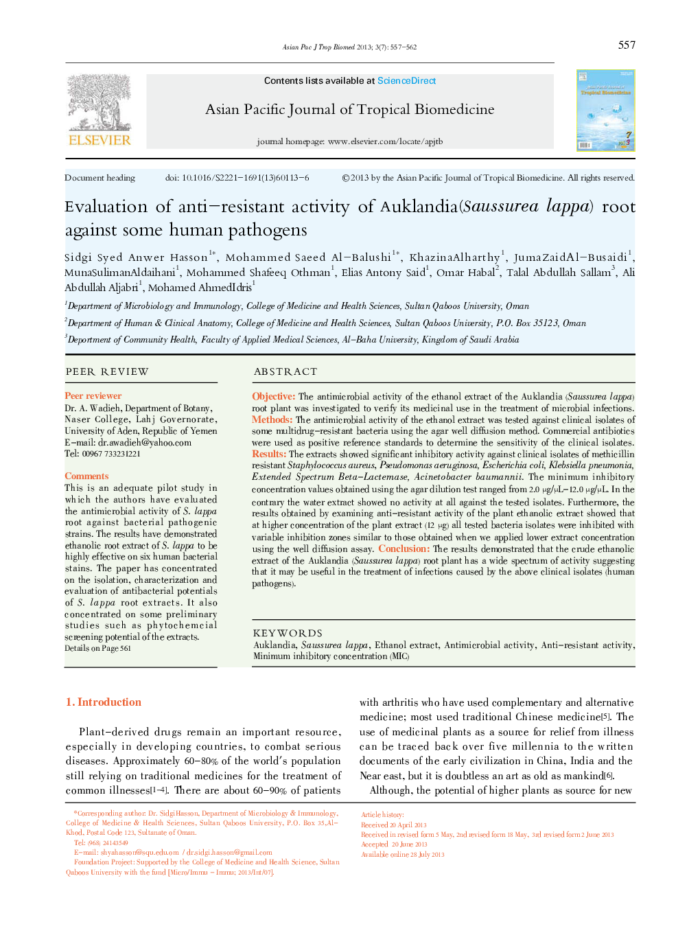 Evaluation of anti-resistant activity of Auklandia(Saussurea lappa) root against some human pathogens