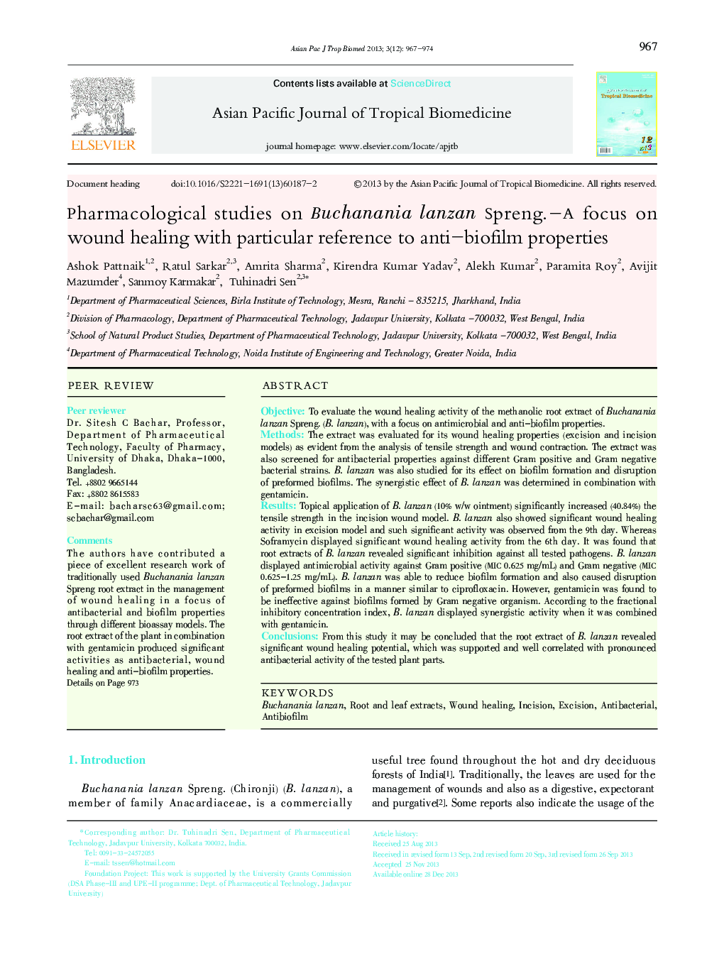 Pharmacological studies on Buchanania lanzan Spreng.-A focus on wound healing with particular reference to anti-biofilm properties