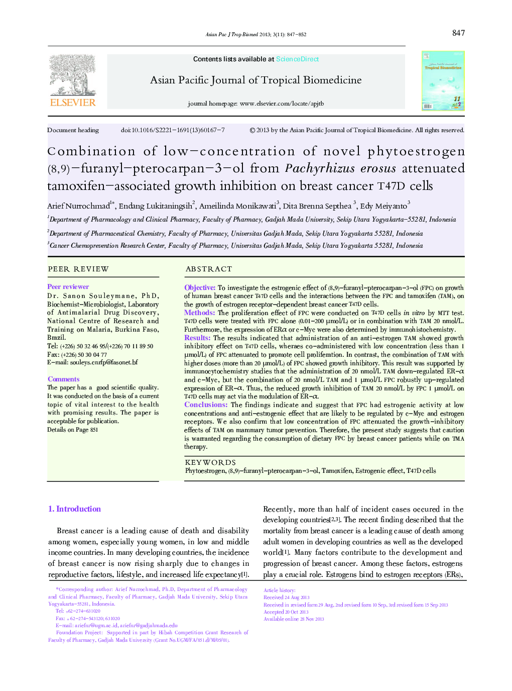 Combination of low-concentration of novel phytoestrogen (8,9)-furanyl-pterocarpan-3-ol from Pachyrhizus erosus attenuated tamoxifen-associated growth inhibition on breast cancer T47D cells