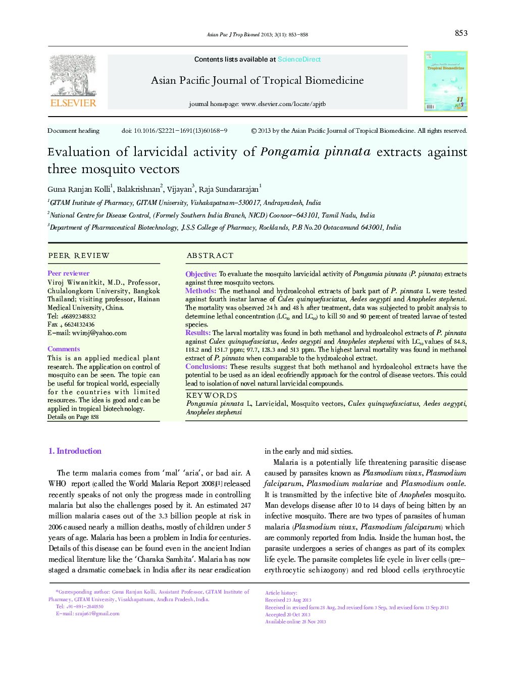 Evaluation of larvicidal activity of Pongamia pinnata extracts against three mosquito vectors