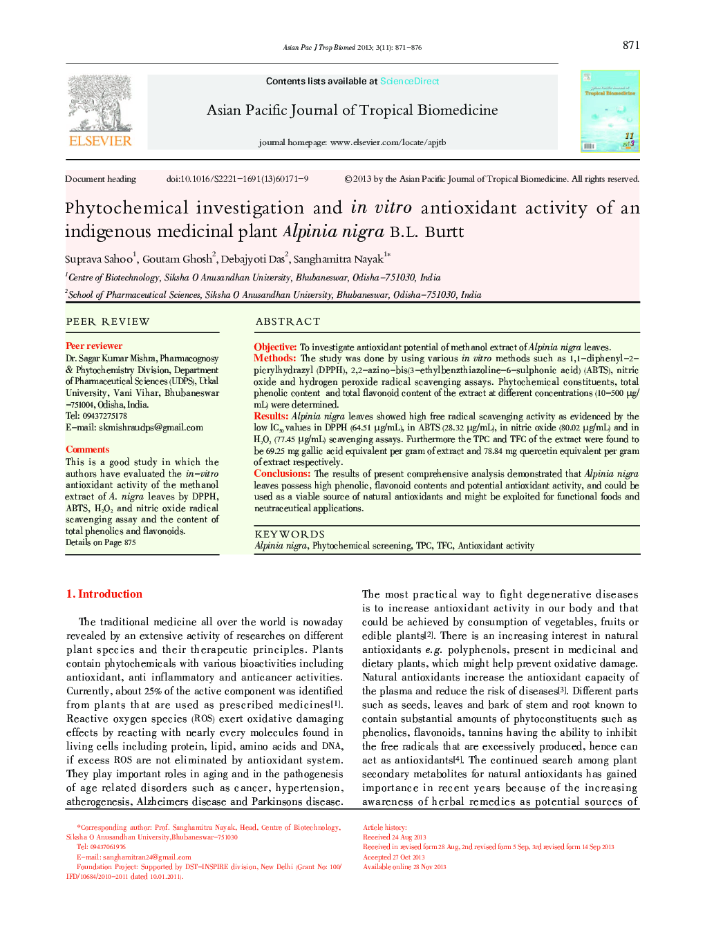 Phytochemical investigation and In vitro antioxidant activity of an indigenous medicinal plant Alpinia nigra B.L. Burtt