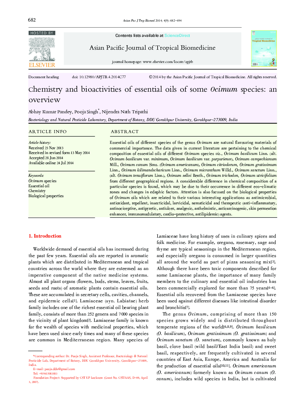 Chemistry and bioactivities of essential oils of some Ocimum species: an overview 