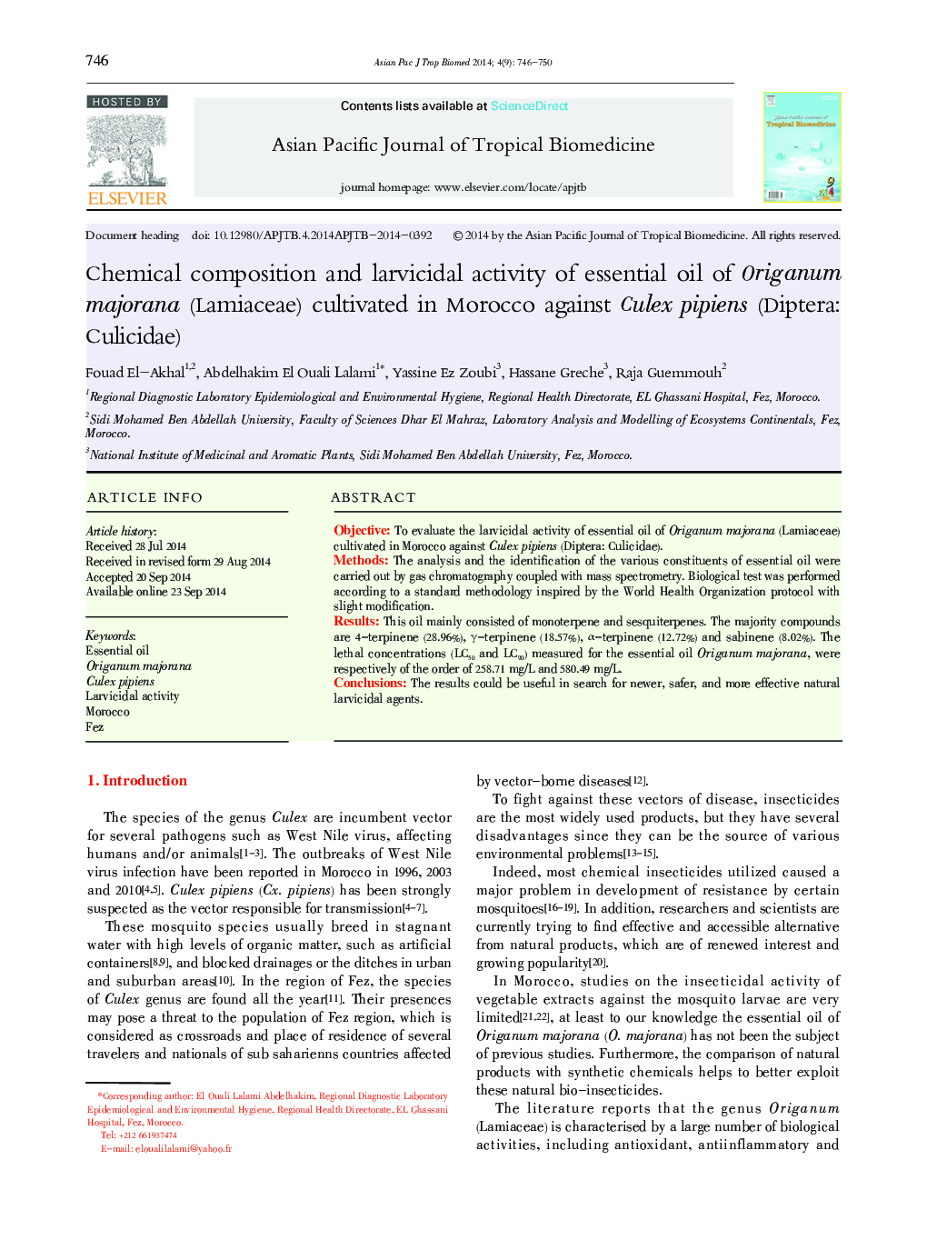 Chemical composition and larvicidal activity of essential oil of Origanum majorana (Lamiaceae) cultivated in Morocco against Culex pipiens (Diptera: Culicidae) 