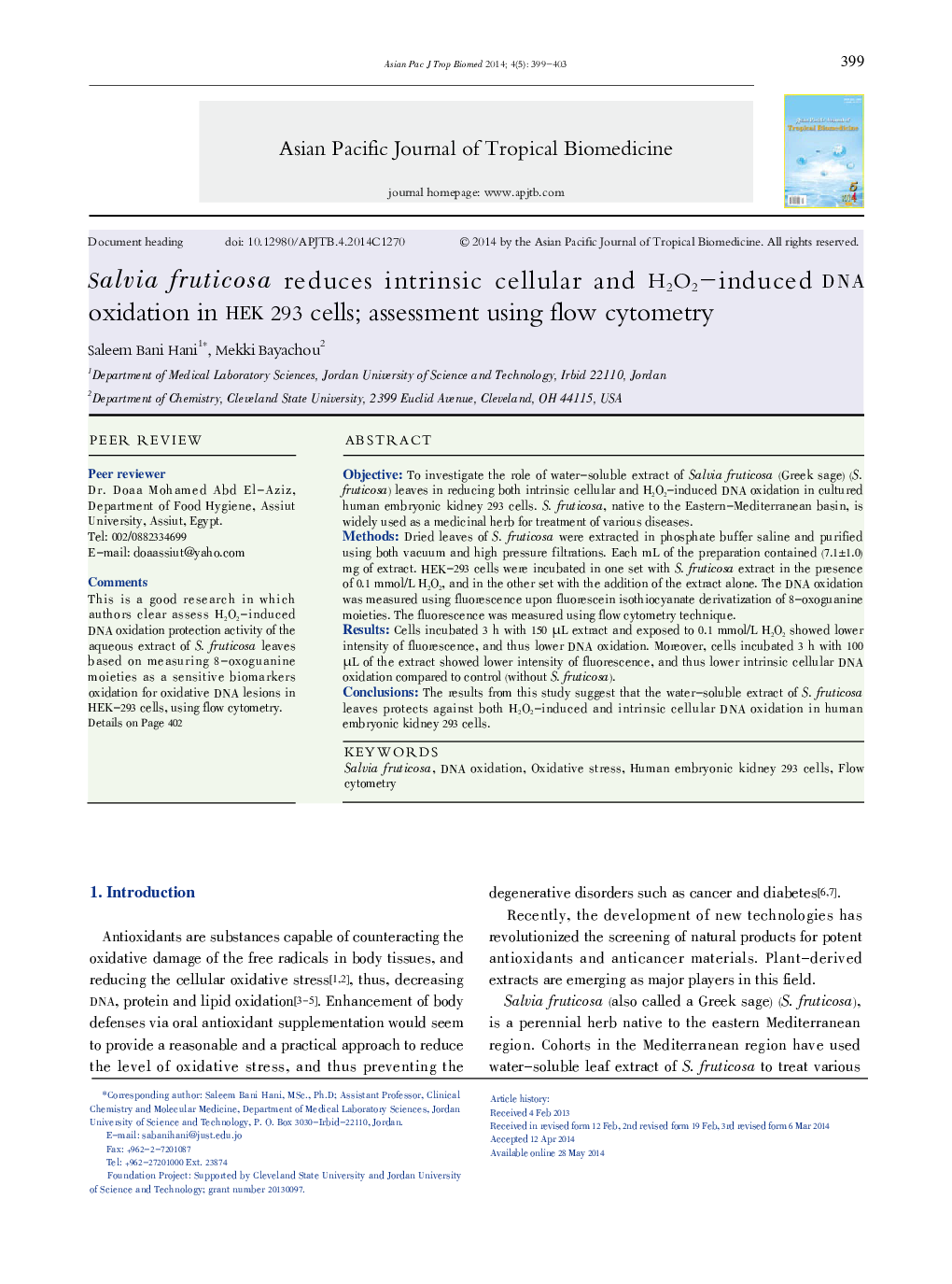 Salvia fruticosa reduces intrinsic cellular and H2O2-induced DNA oxidation in HEK 293 cells; assessment using flow cytometry 