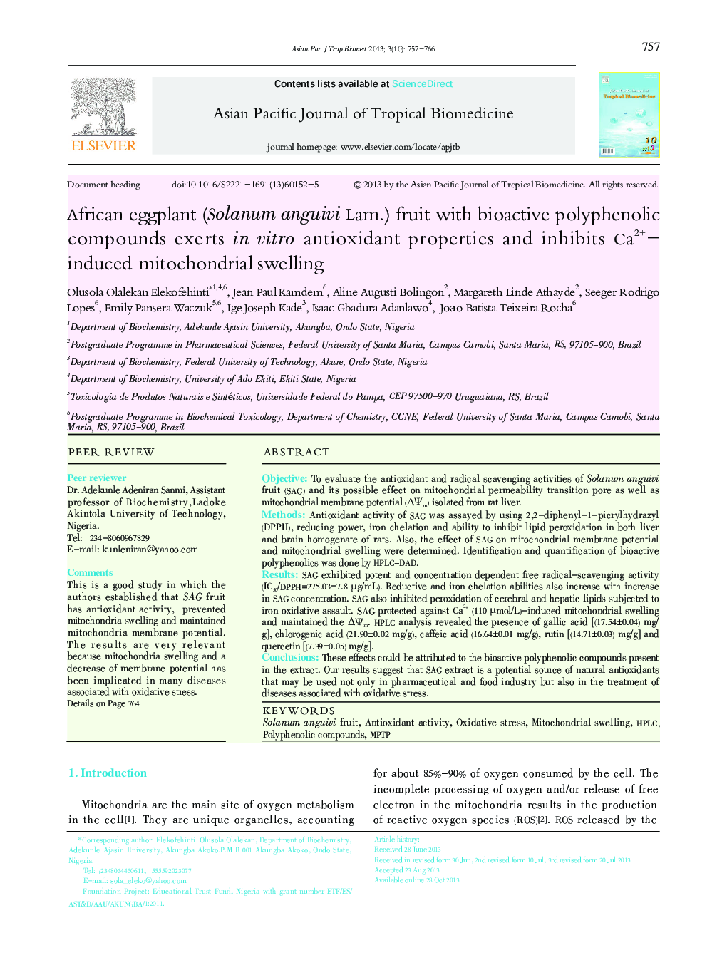 African eggplant (Solanum anguivi Lam.) fruit with bioactive polyphenolic compounds exerts in vitro antioxidant properties and inhibits Ca2+-induced mitochondrial swelling