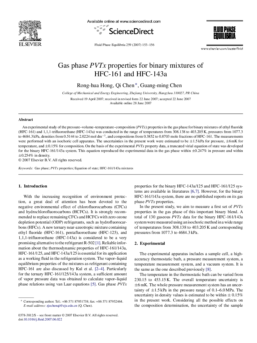 عکس صفحه اول مقاله: Gas phase PVTx properties for binary mixtures of HFC-161 and HFC-143a Gas phase PVTx properties for binary mixtures of HFC-161 and HFC-143a