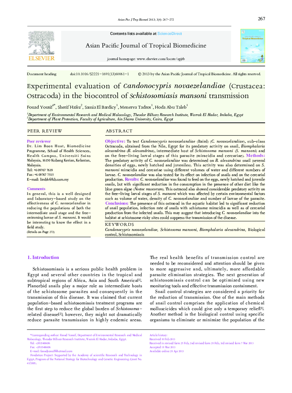 Experimental evaluation of Candonocypris novaezelandiae (Crustacea: Ostracoda) in the biocontrol of Schistosomiasis mansoni transmission