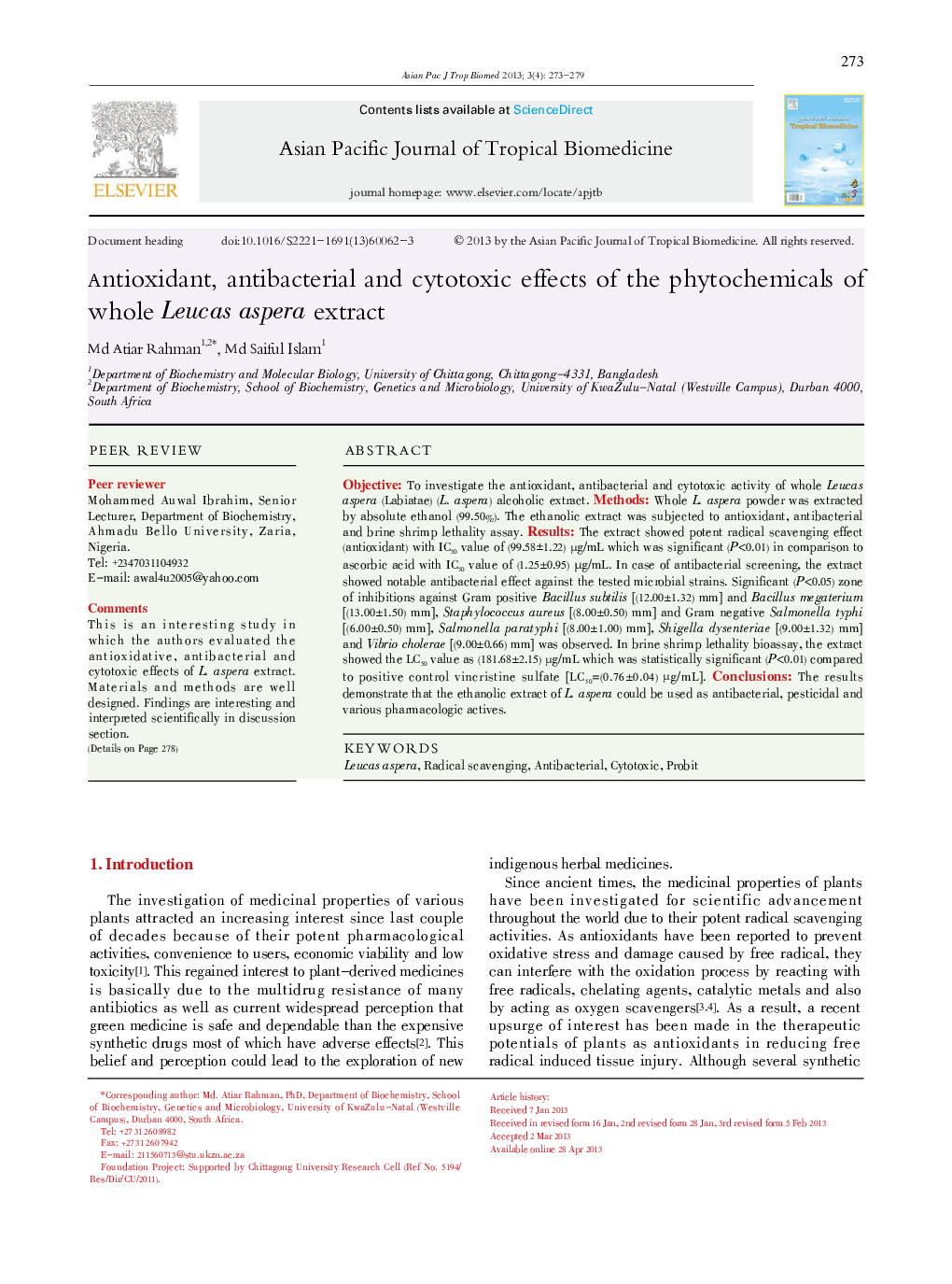 Antioxidant, antibacterial and cytotoxic effects of the phytochemicals of whole Leucas aspera extract