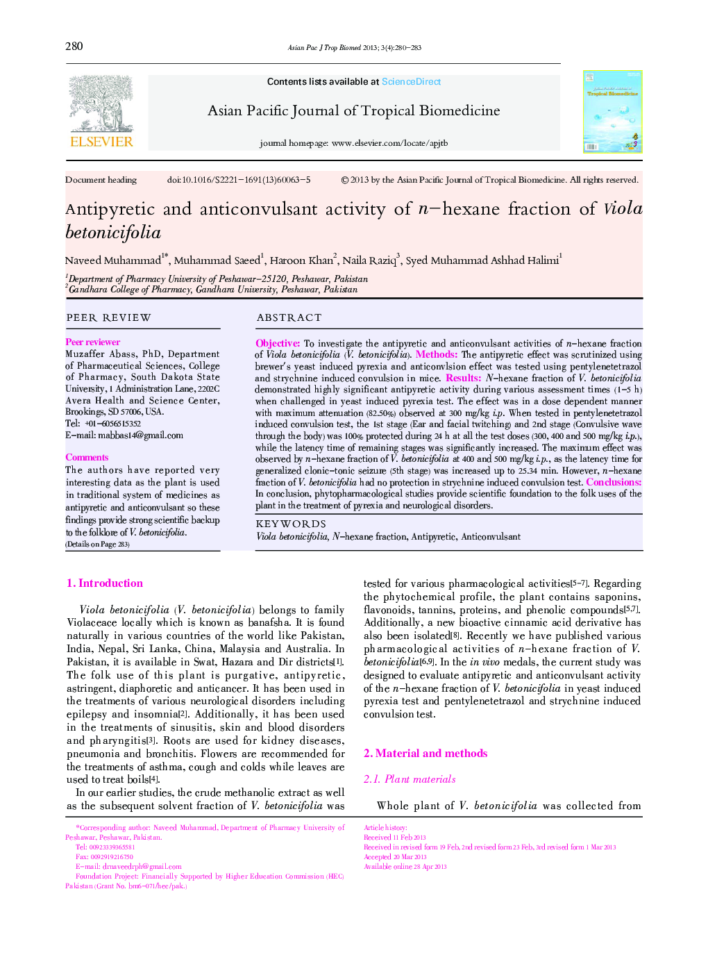 Antipyretic and anticonvulsant activity of n-hexane fraction of Viola betonicifolia
