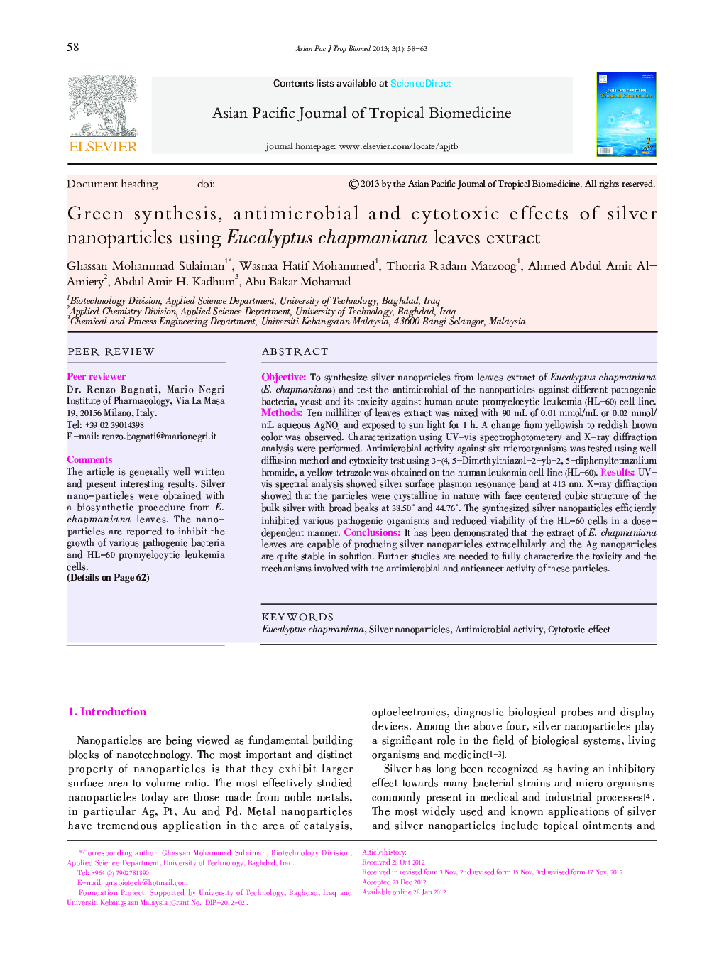 Green synthesis, antimicrobial and cytotoxic effects of silver nanoparticles using Eucalyptus chapmaniana leaves extract