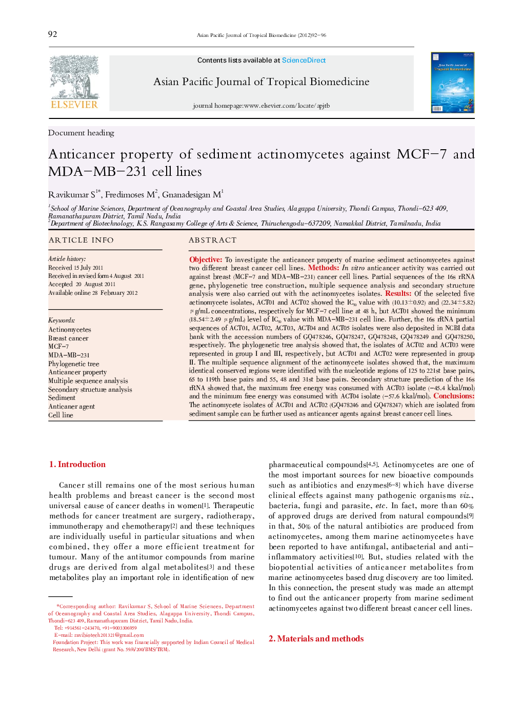 Anticancer property of sediment actinomycetes against MCF-7 and MDA-MB-231 cell lines