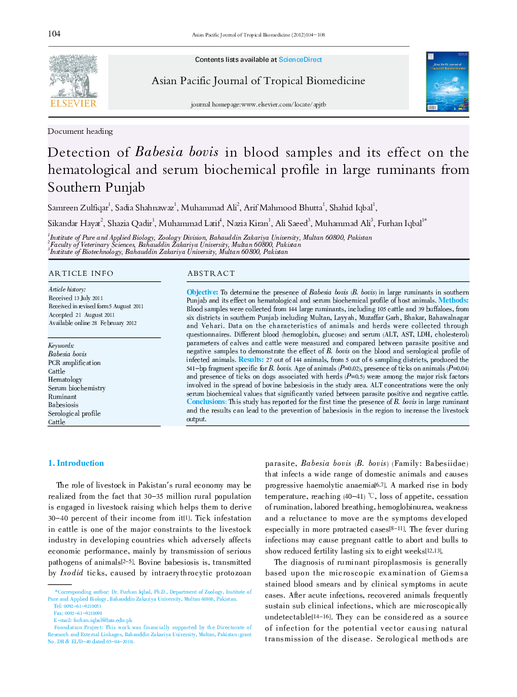 Detection of Babesia bovis in blood samples and its effect on the hematological and serum biochemical profile in large ruminants from Southern Punjab