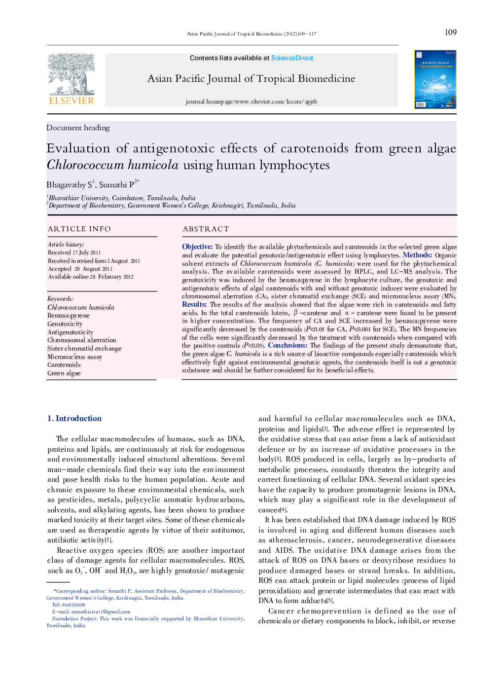 Evaluation of antigenotoxic effects of carotenoids from green algae Chlorococcum humicola using human lymphocytes
