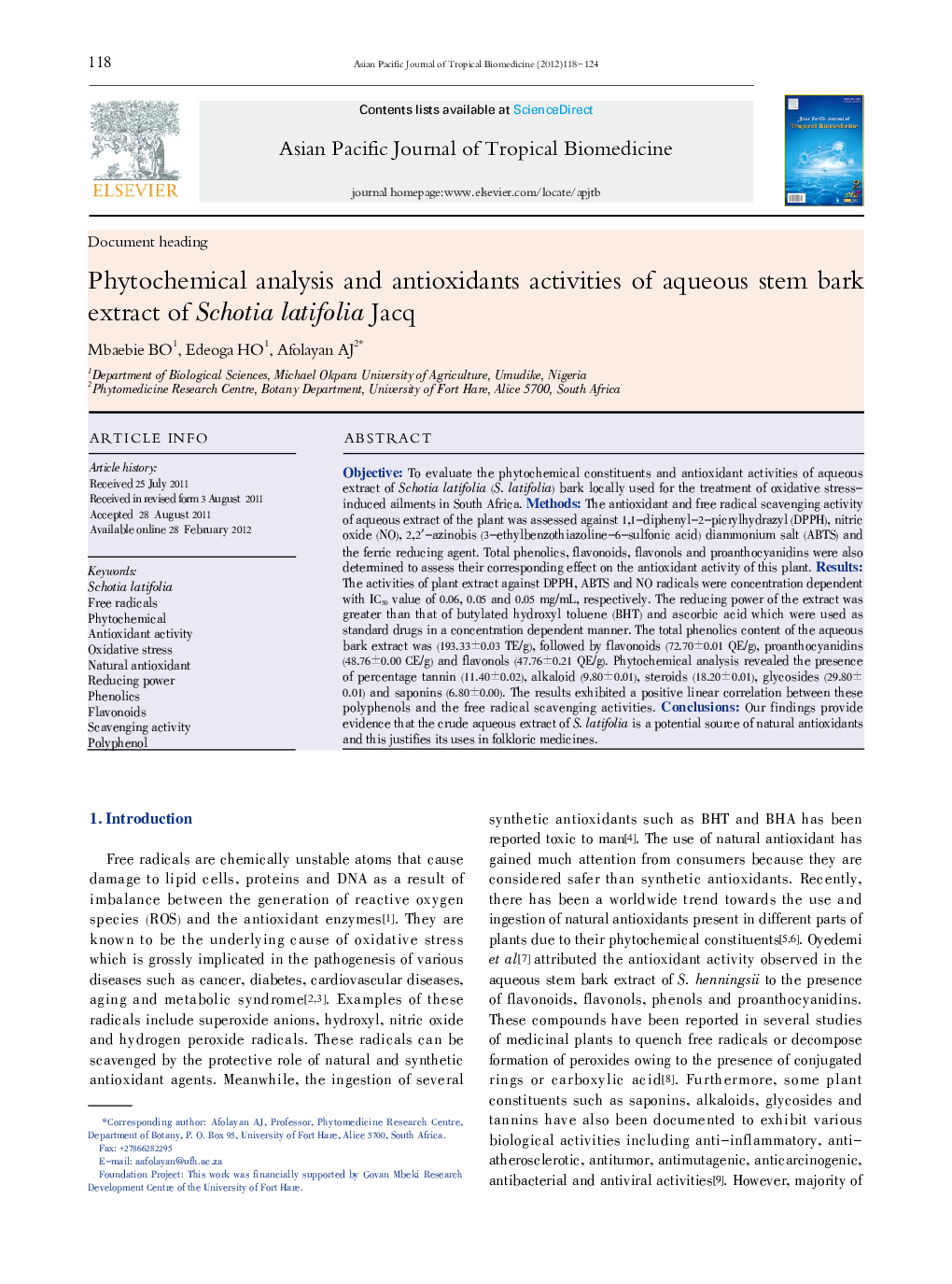 Phytochemical analysis and antioxidants activities of aqueous stem bark extract of Schotia latifolia Jacq