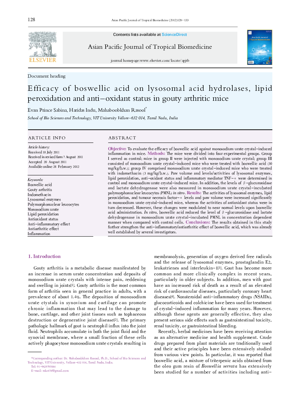 Efficacy of boswellic acid on lysosomal acid hydrolases, lipid peroxidation and anti-oxidant status in gouty arthritic mice