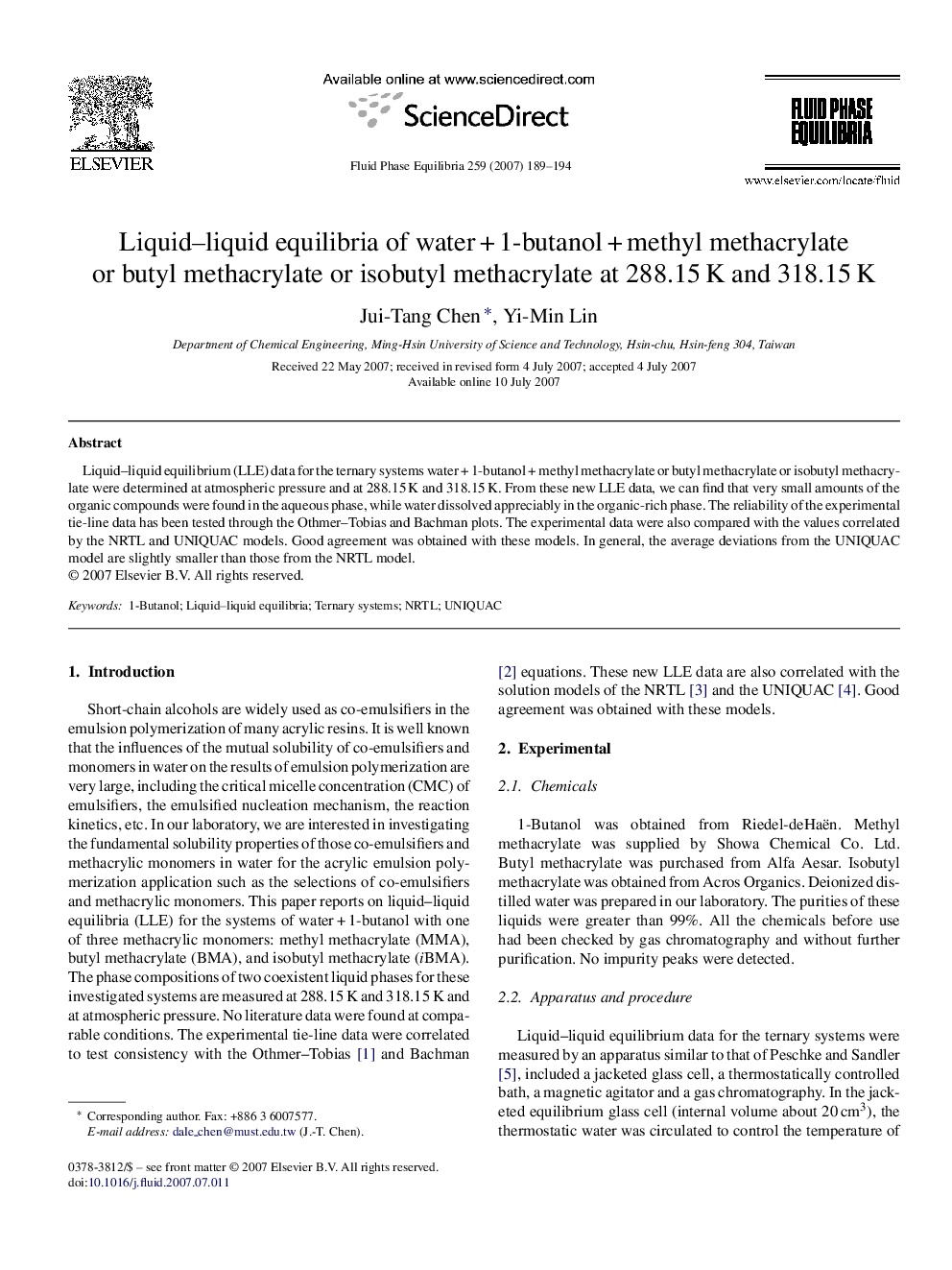 Liquid–liquid equilibria of water + 1-butanol + methyl methacrylate or butyl methacrylate or isobutyl methacrylate at 288.15 K and 318.15 K