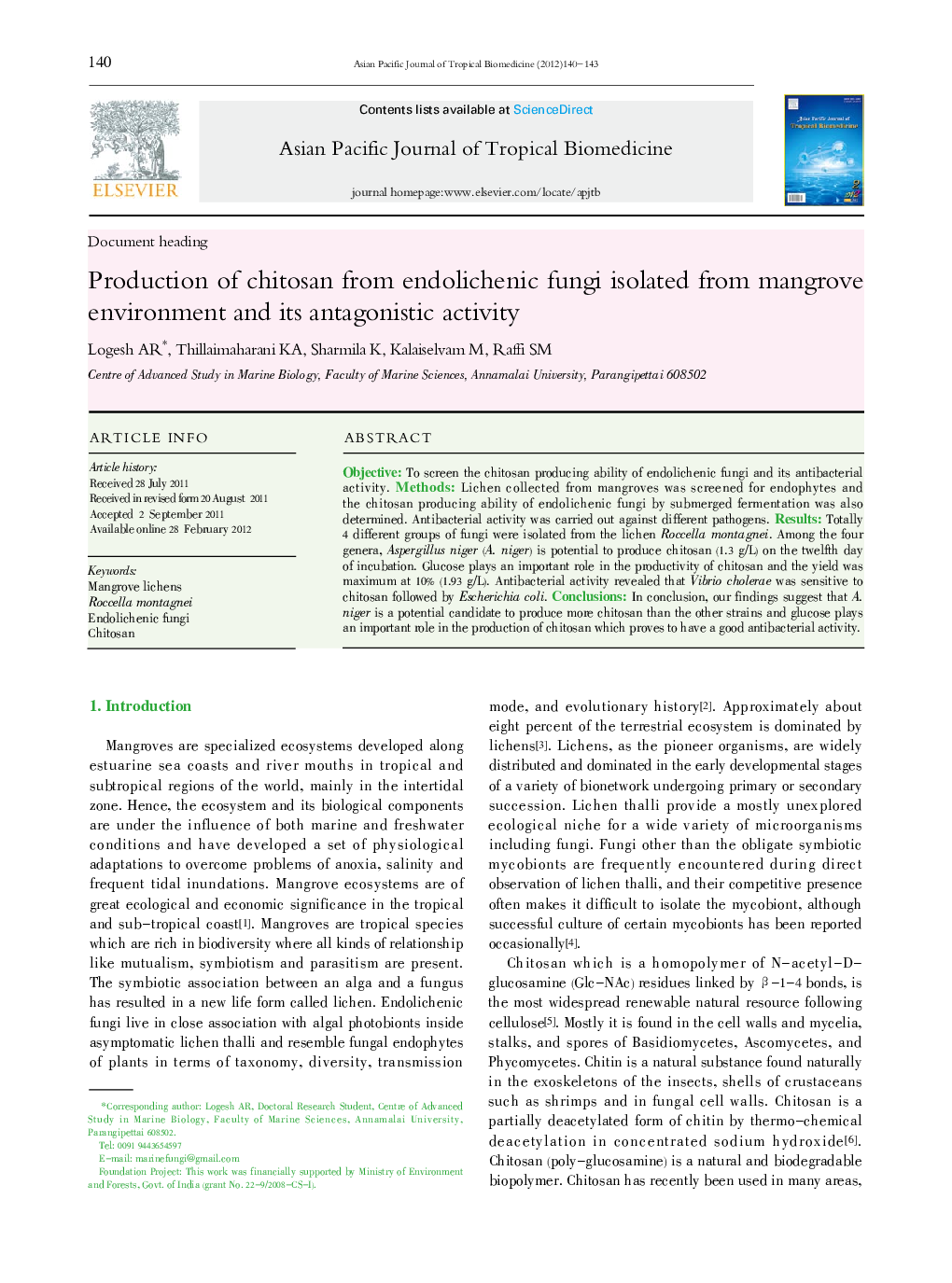 Production of chitosan from endolichenic fungi isolated from mangrove environment and its antagonistic activity