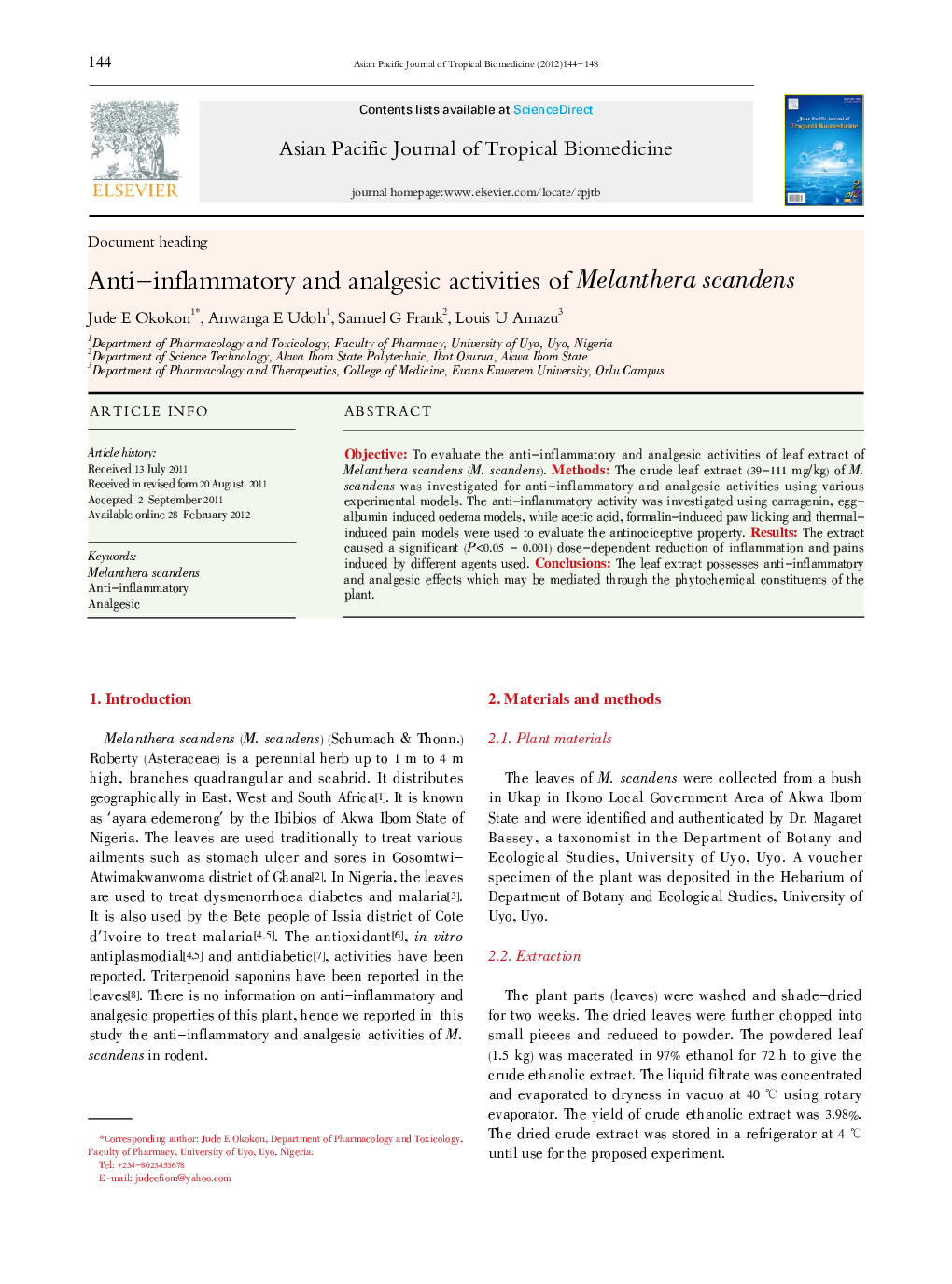 Anti-inflammatory and analgesic activities of Melanthera scandens
