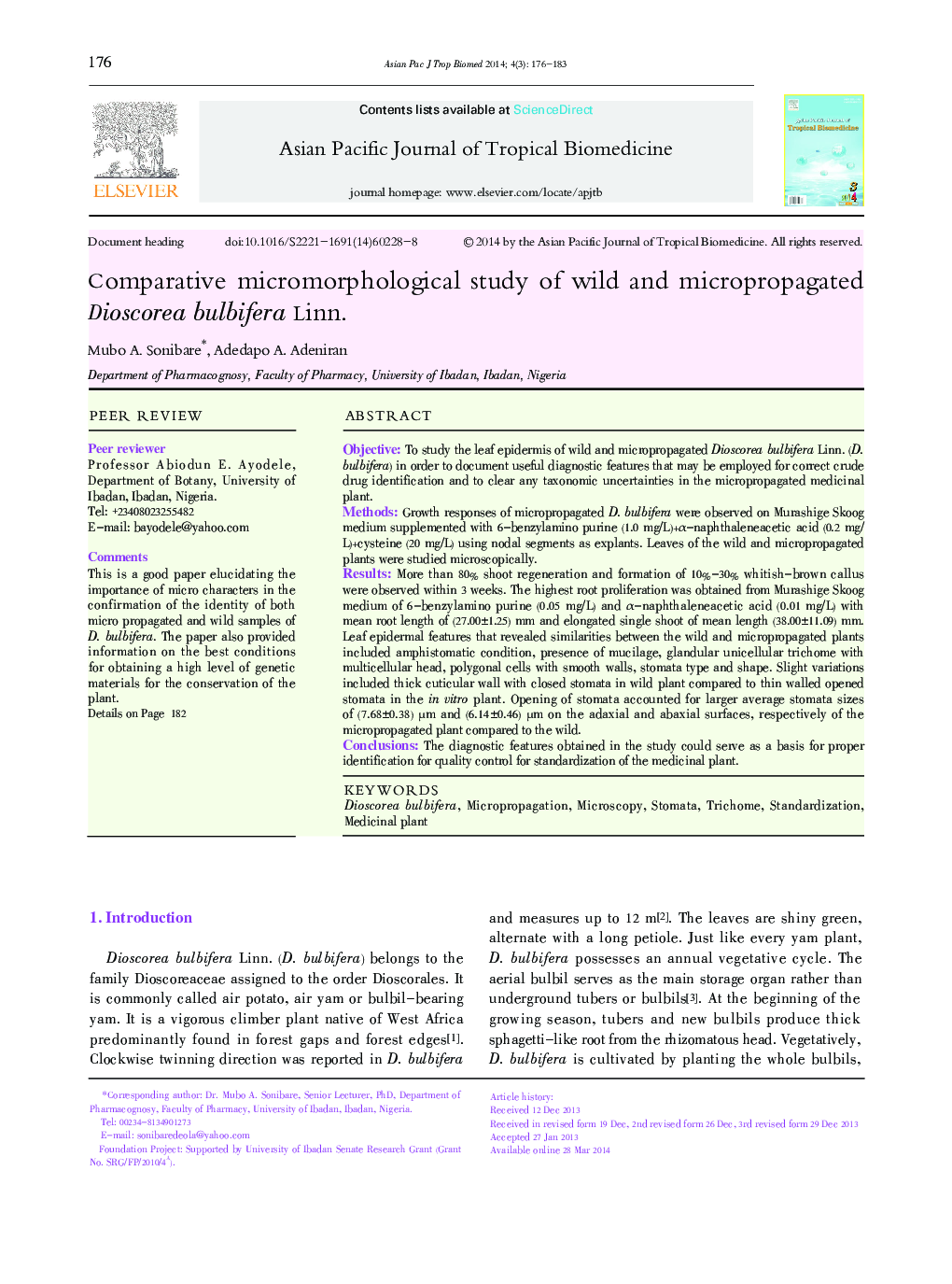 Comparative micromorphological study of wild and micropropagated Dioscorea bulbifera Linn. 