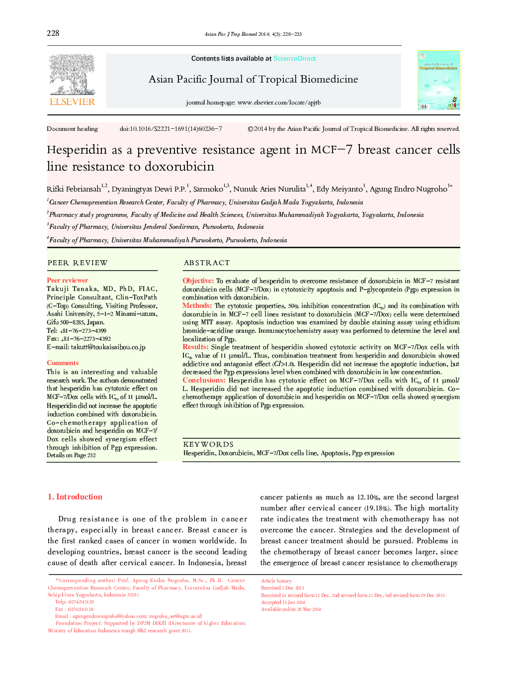 Hesperidin as a preventive resistance agent in MCF–7 breast cancer cells line resistance to doxorubicin 