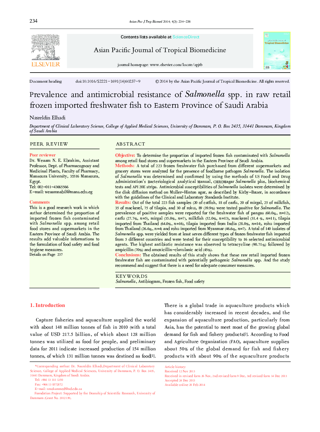 Prevalence and antimicrobial resistance of Salmonella spp. in raw retail frozen imported freshwater fish to Eastern Province of Saudi Arabia 
