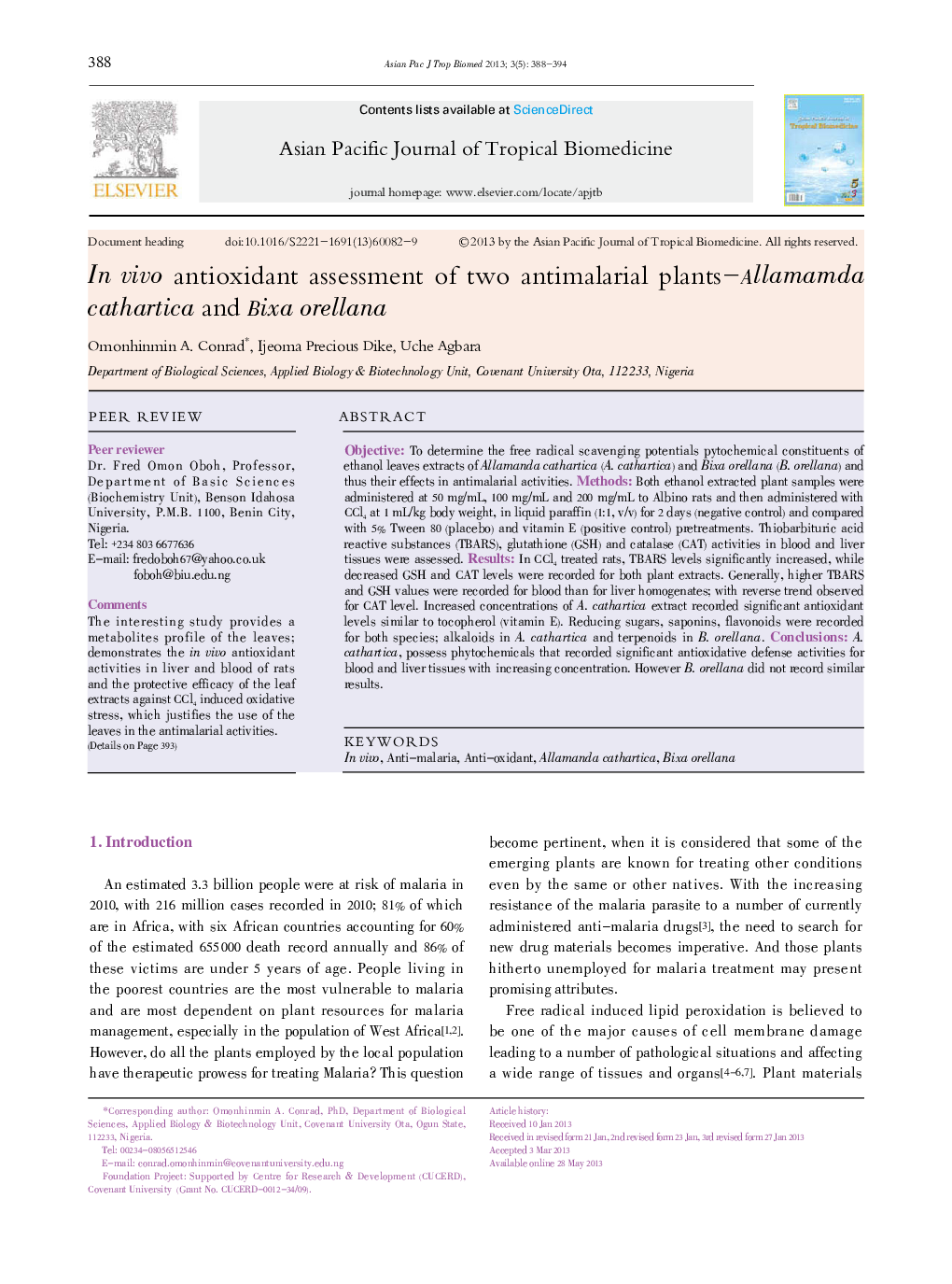 In vivo antioxidant assessment of two antimalarial plants-Allamamda cathartica and Bixa orellana