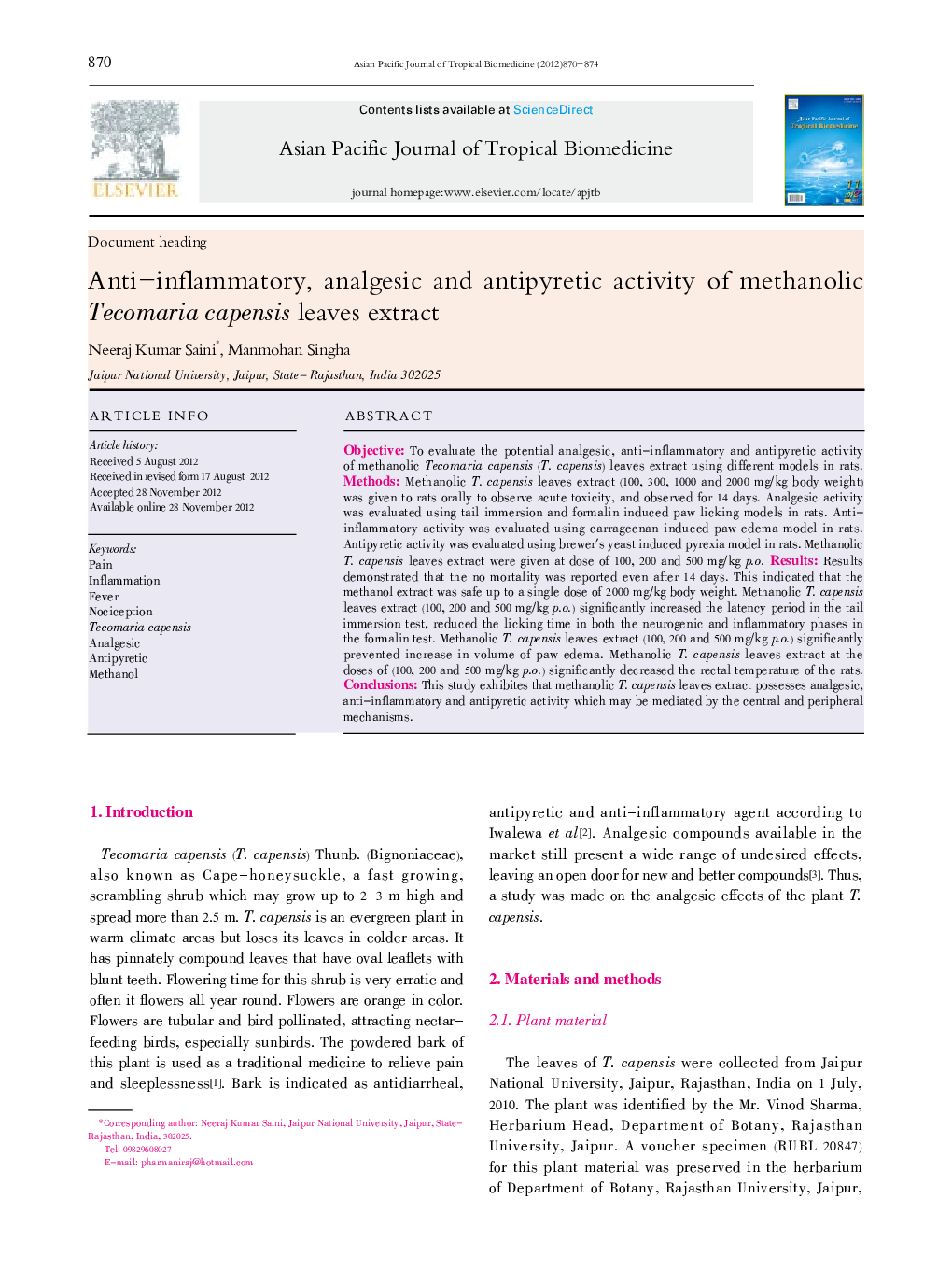 Anti-inflammatory, analgesic and antipyretic activity of methanolic Tecomaria capensis leaves extract