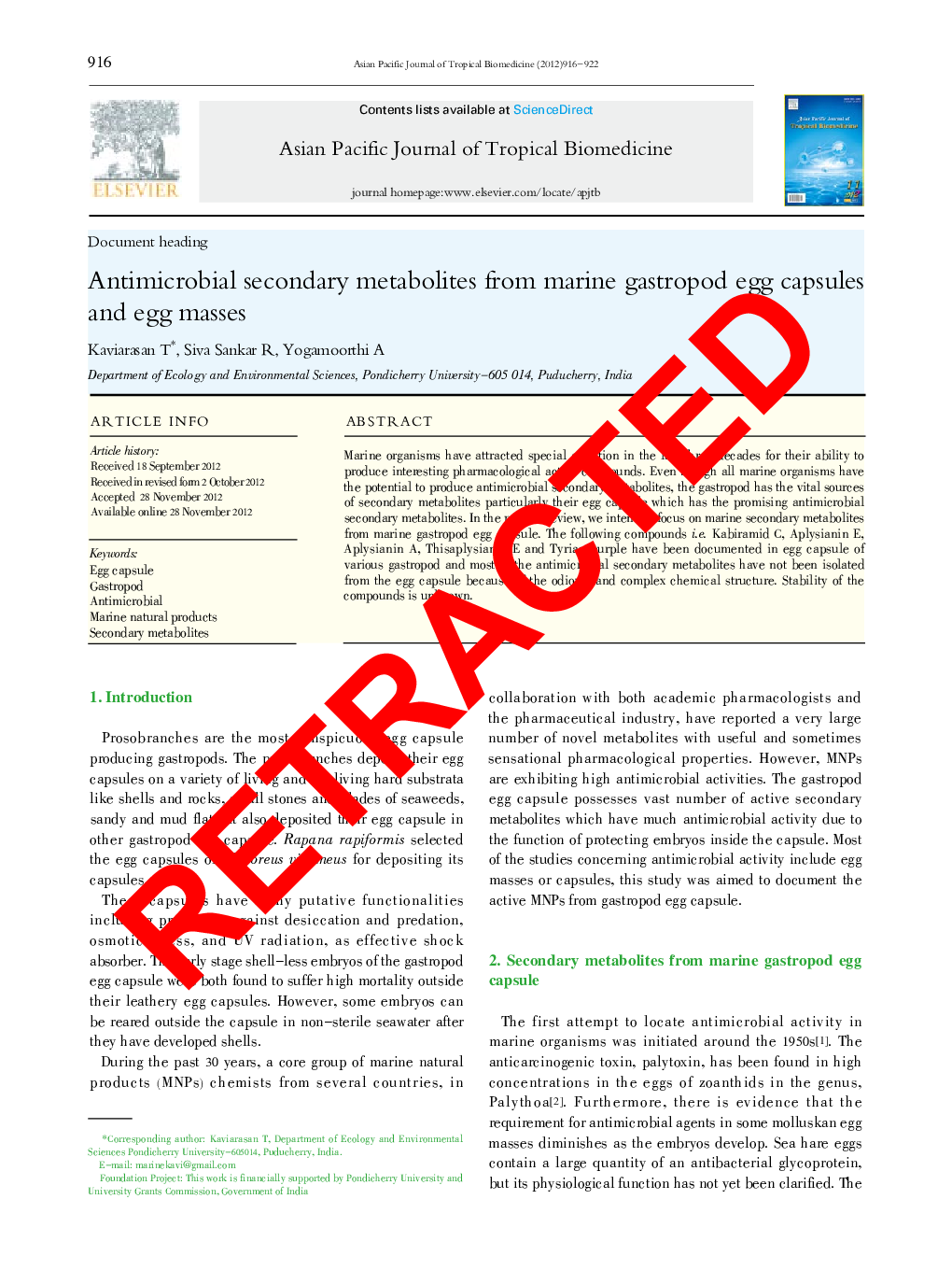 RETRACTED: Antimicrobial secondary metabolites from marine gastropod egg capsules and egg masses