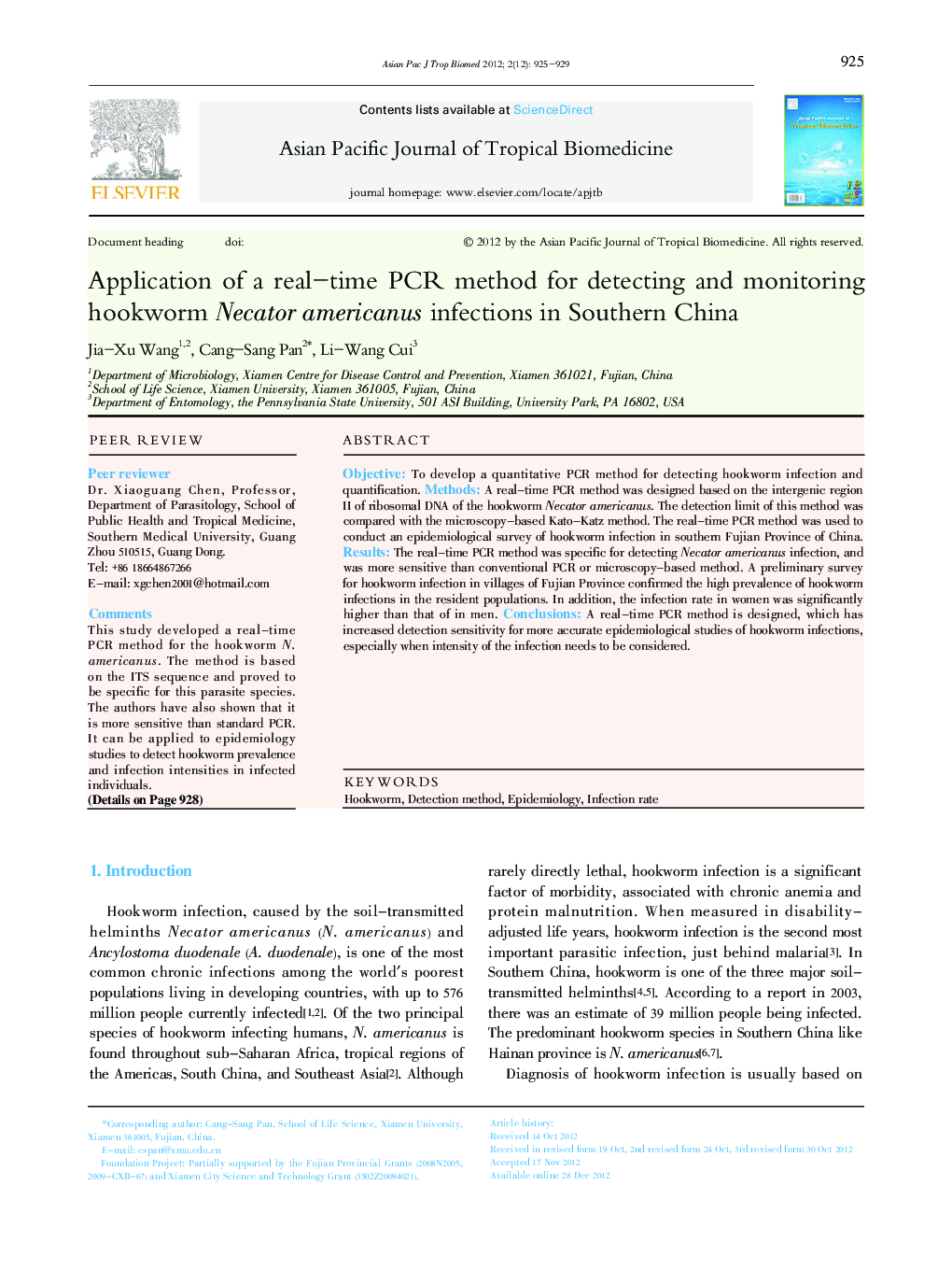 Application of a real-time PCR method for detecting and monitoring hookworm Necator americanus infections in Southern China