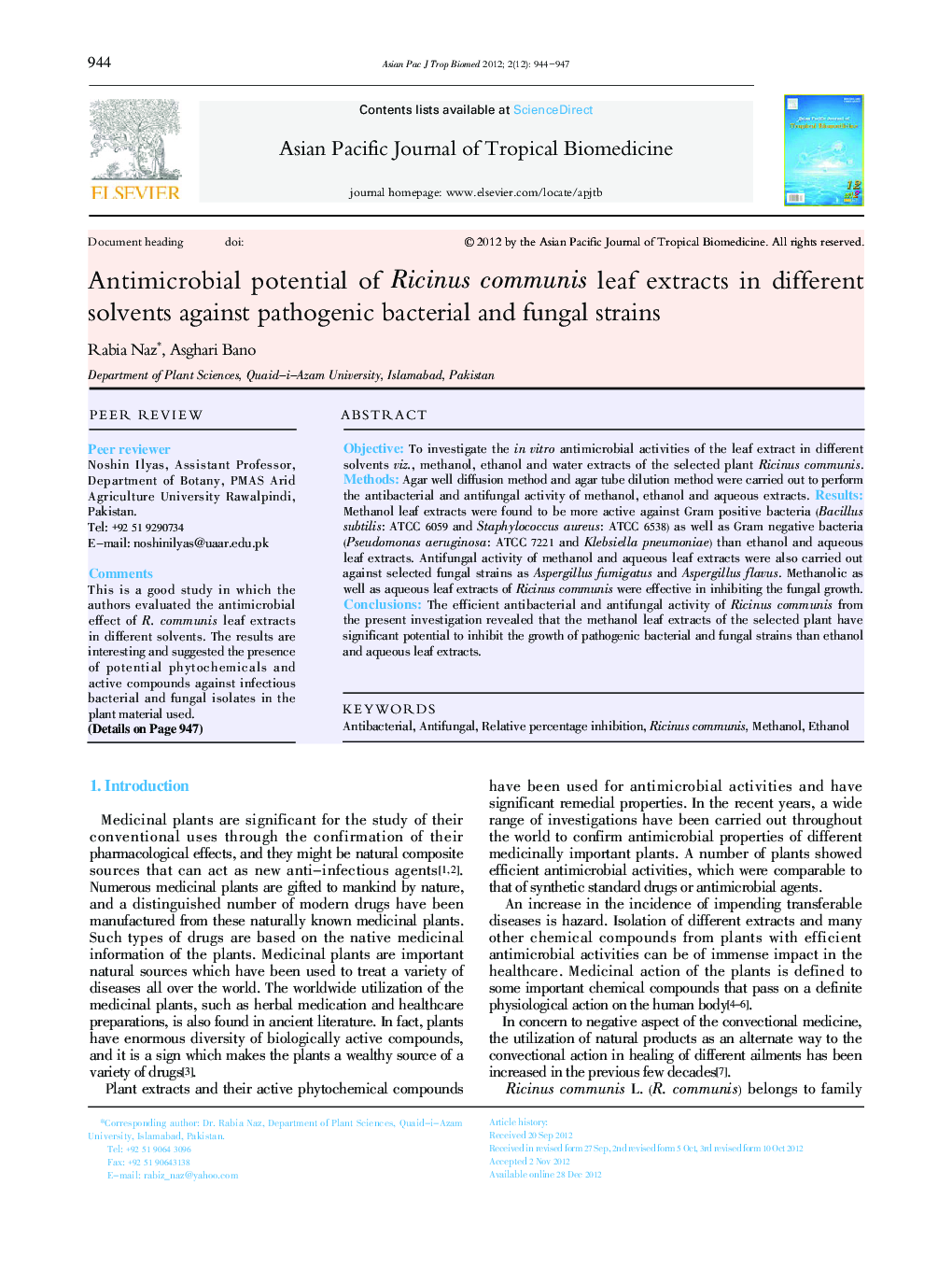 Antimicrobial potential of Ricinus communis leaf extracts in different solvents against pathogenic bacterial and fungal strains