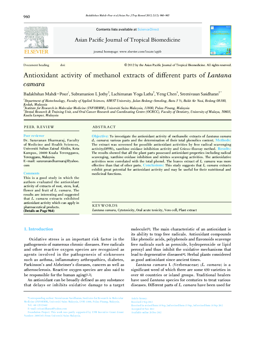 Antioxidant activity of methanol extracts of different parts of Lantana camara