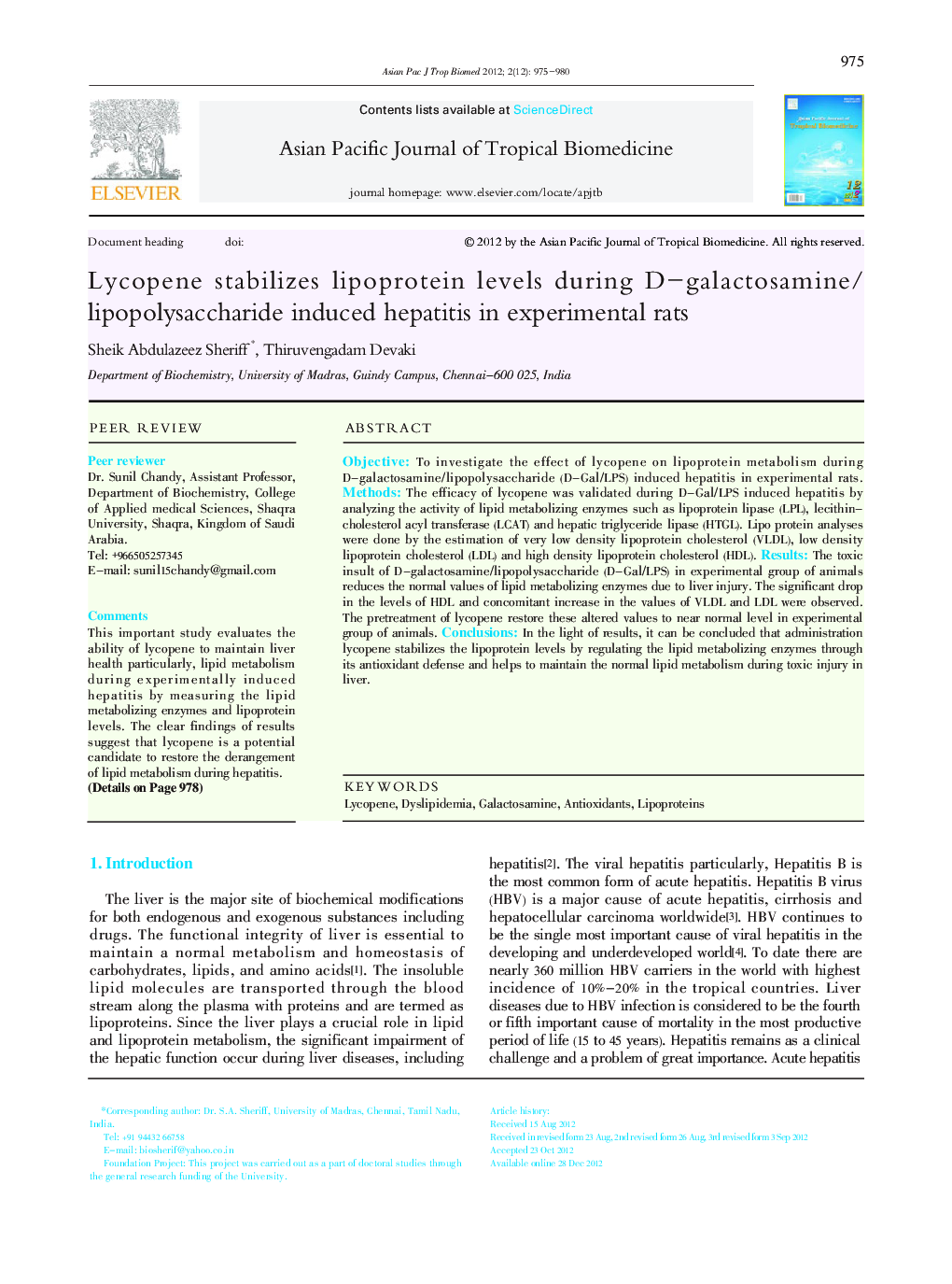 Lycopene stabilizes lipoprotein levels during D-galactosamine/lipopolysaccharide induced hepatitis in experimental rats