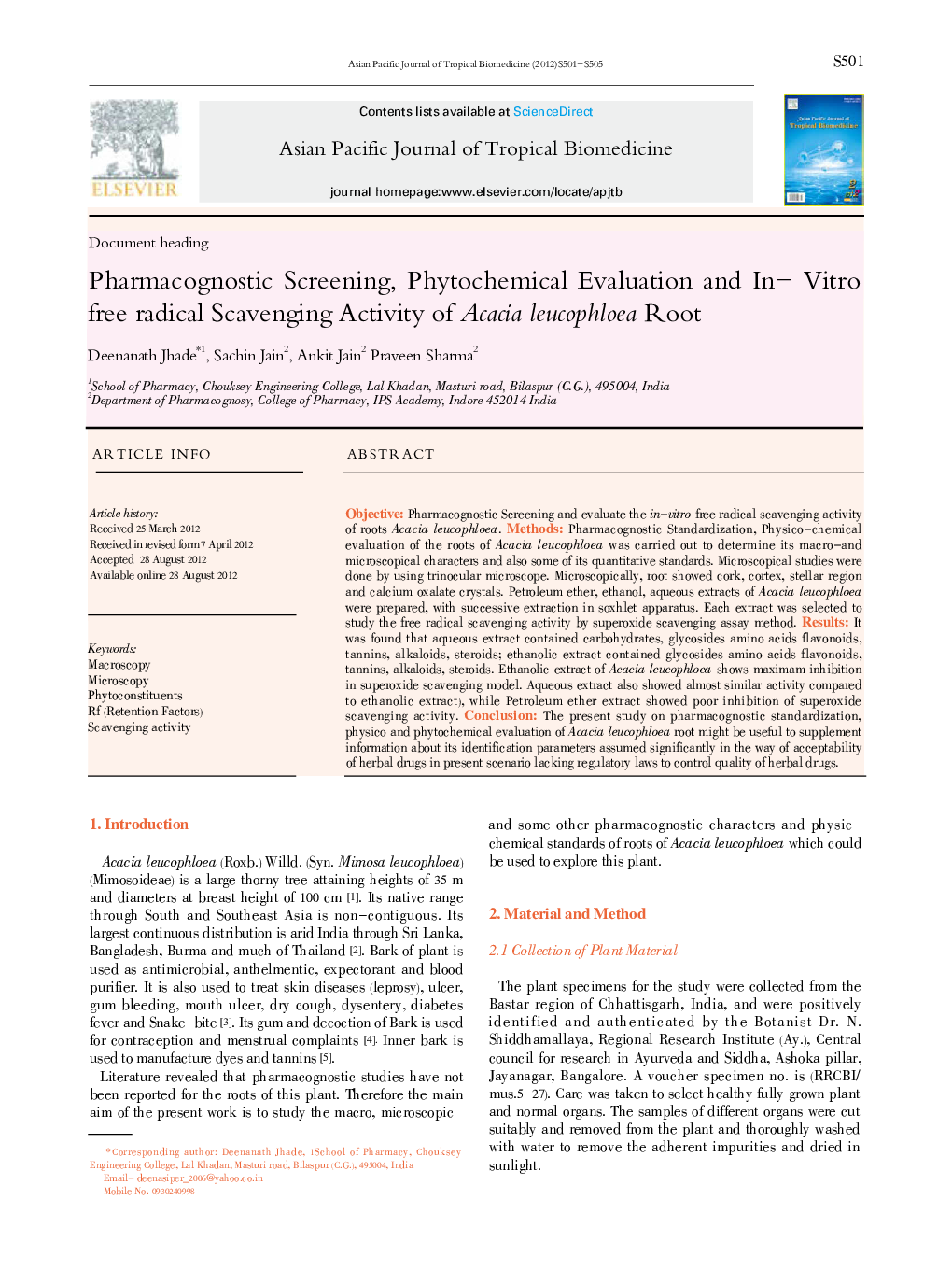 Pharmacognostic Screening, Phytochemical Evaluation and In- Vitro free radical Scavenging Activity of Acacia leucophloea Root