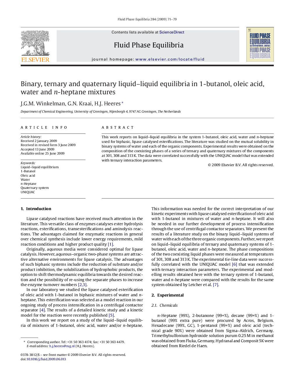 عکس صفحه اول مقاله: Binary, ternary and quaternary liquid–liquid equilibria in 1-butanol, oleic acid, water and n-heptane mixtures Binary, ternary and quaternary liquid–liquid equilibria in 1-butanol, oleic acid, water and n-heptane mixtures