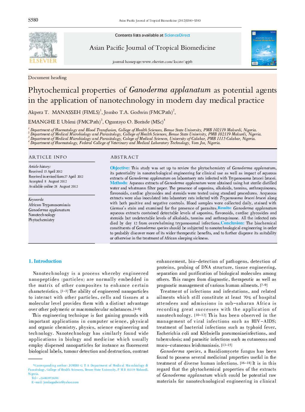 Phytochemical properties of Ganoderma applanatum as potential agents in the application of nanotechnology in modern day medical practice