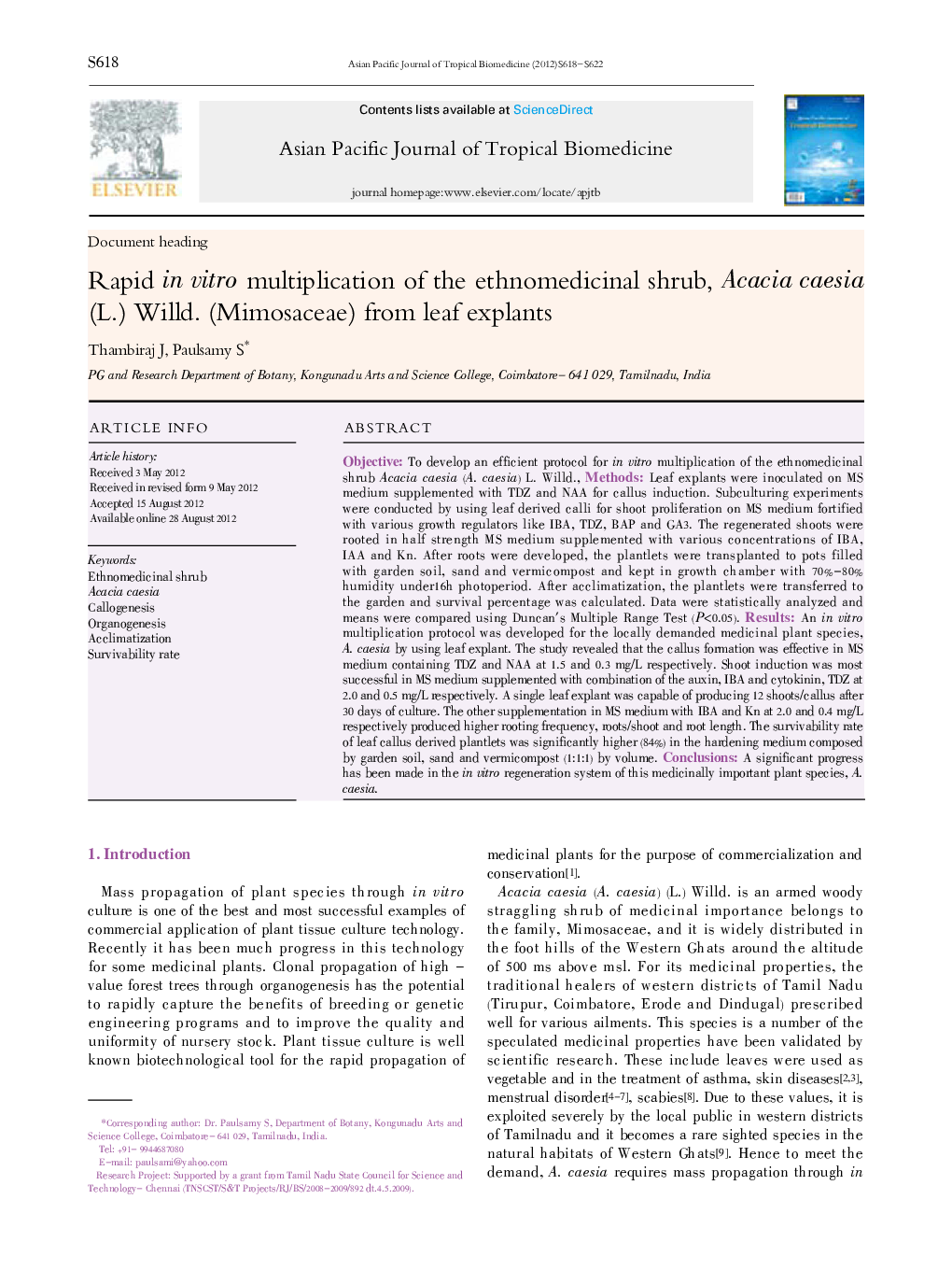 Rapid in vitro multiplication of the ethnomedicinal shrub, Acacia caesia (L.) Willd. (Mimosaceae) from leaf explants