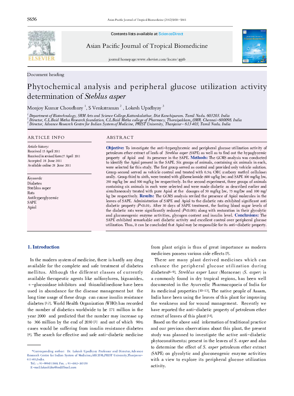 Phytochemical analysis and peripheral glucose utilization activity determination of Steblus asper 