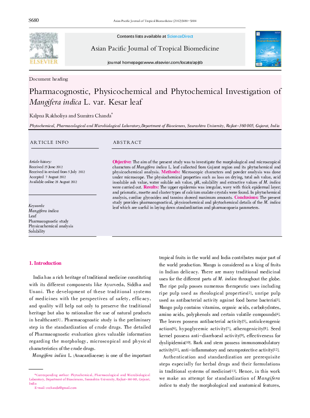 Pharmacognostic, Physicochemical and Phytochemical Investigation of Mangifera indica L. var. Kesar leaf