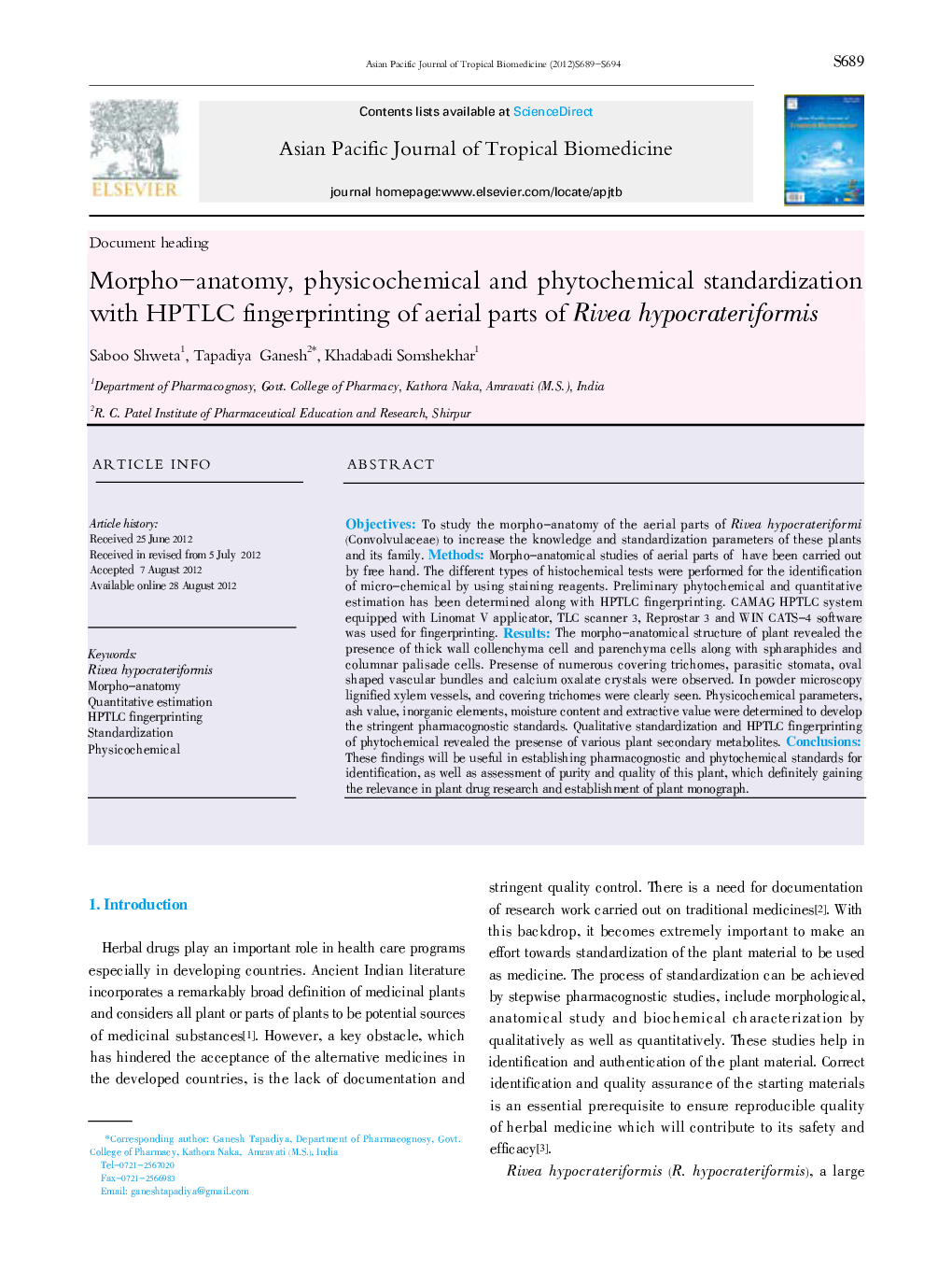 Morpho-anatomy, physicochemical and phytochemical standardization with HPTLC fingerprinting of aerial parts of Rivea hypocrateriformis