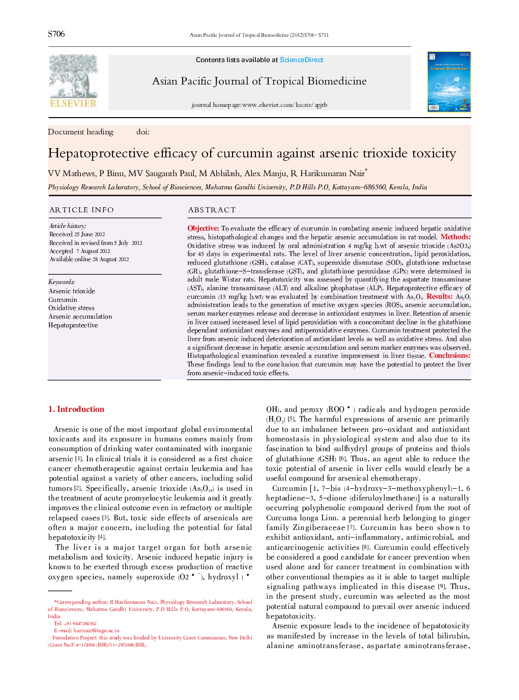 Hepatoprotective efficacy of curcumin against arsenic trioxide toxicity