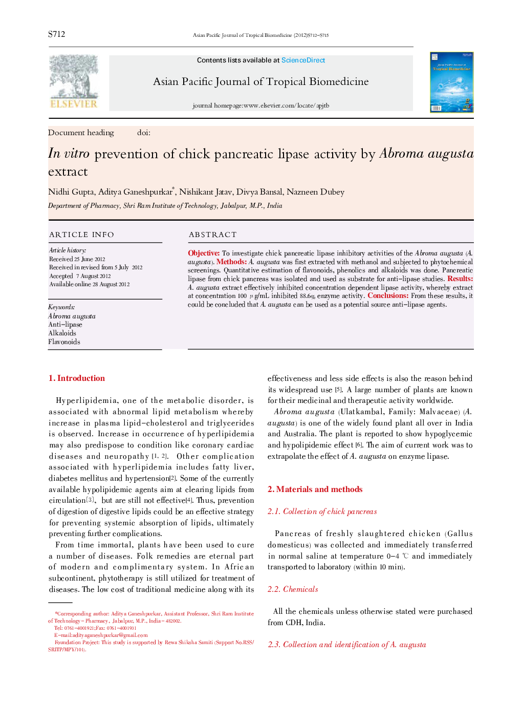 In vitro prevention of chick pancreatic lipase activity by Abroma augusta extract