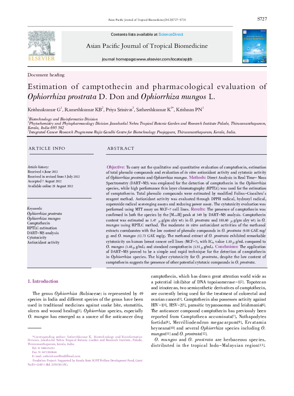 Estimation of camptothecin and pharmacological evaluation of Ophiorrhiza prostrata D. Don and Ophiorrhiza mungos L.