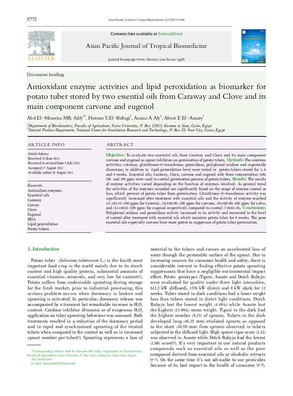 Antioxidant enzyme activities and lipid peroxidation as biomarker for potato tuber stored by two essential oils from Caraway and Clove and its main component carvone and eugenol