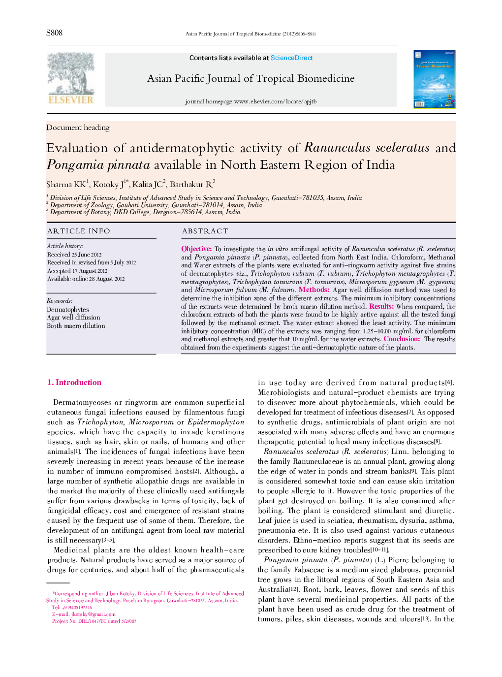 Evaluation of antidermatophytic activity of Ranunculus sceleratus and Pongamia pinnata available in North Eastern Region of India