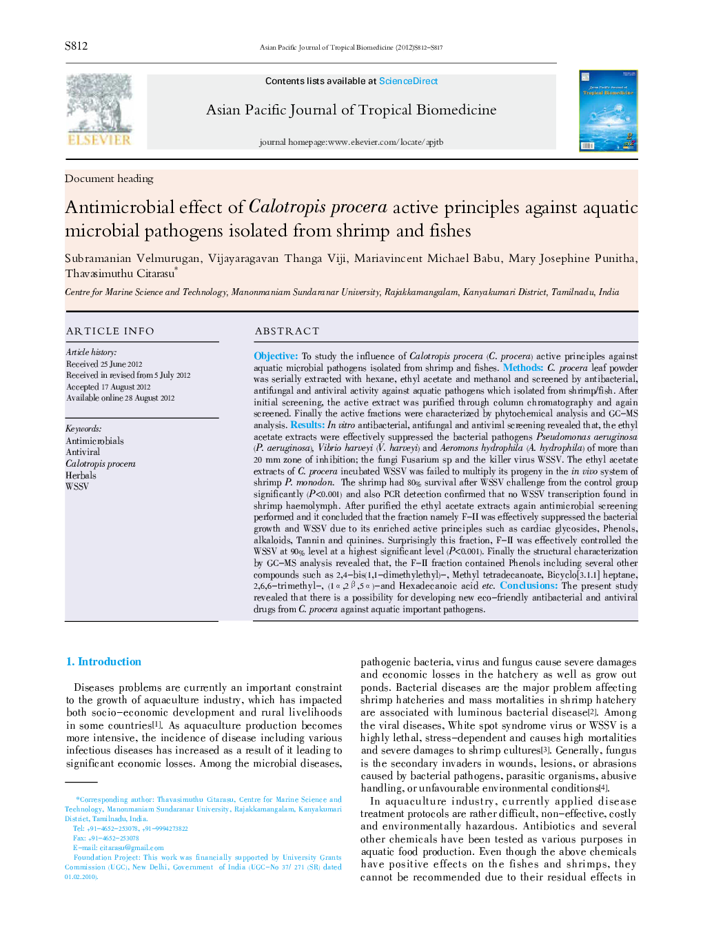 Antimicrobial effect of Calotropis procera active principles against aquatic microbial pathogens isolated from shrimp and fishes