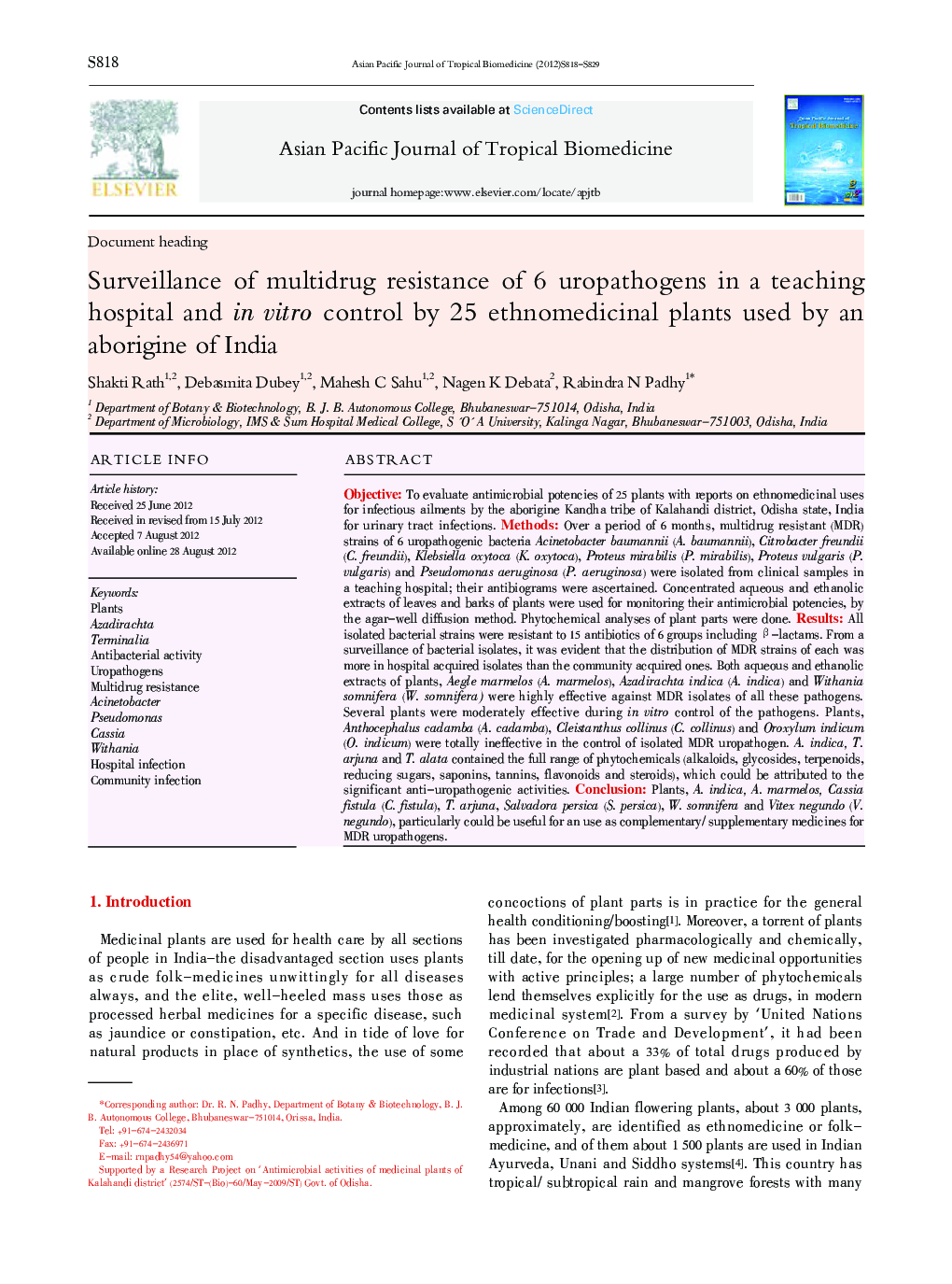 Surveillance of multidrug resistance of 6 uropathogens in a teaching hospital and in vitro control by 25 ethnomedicinal plants used by an aborigine of India