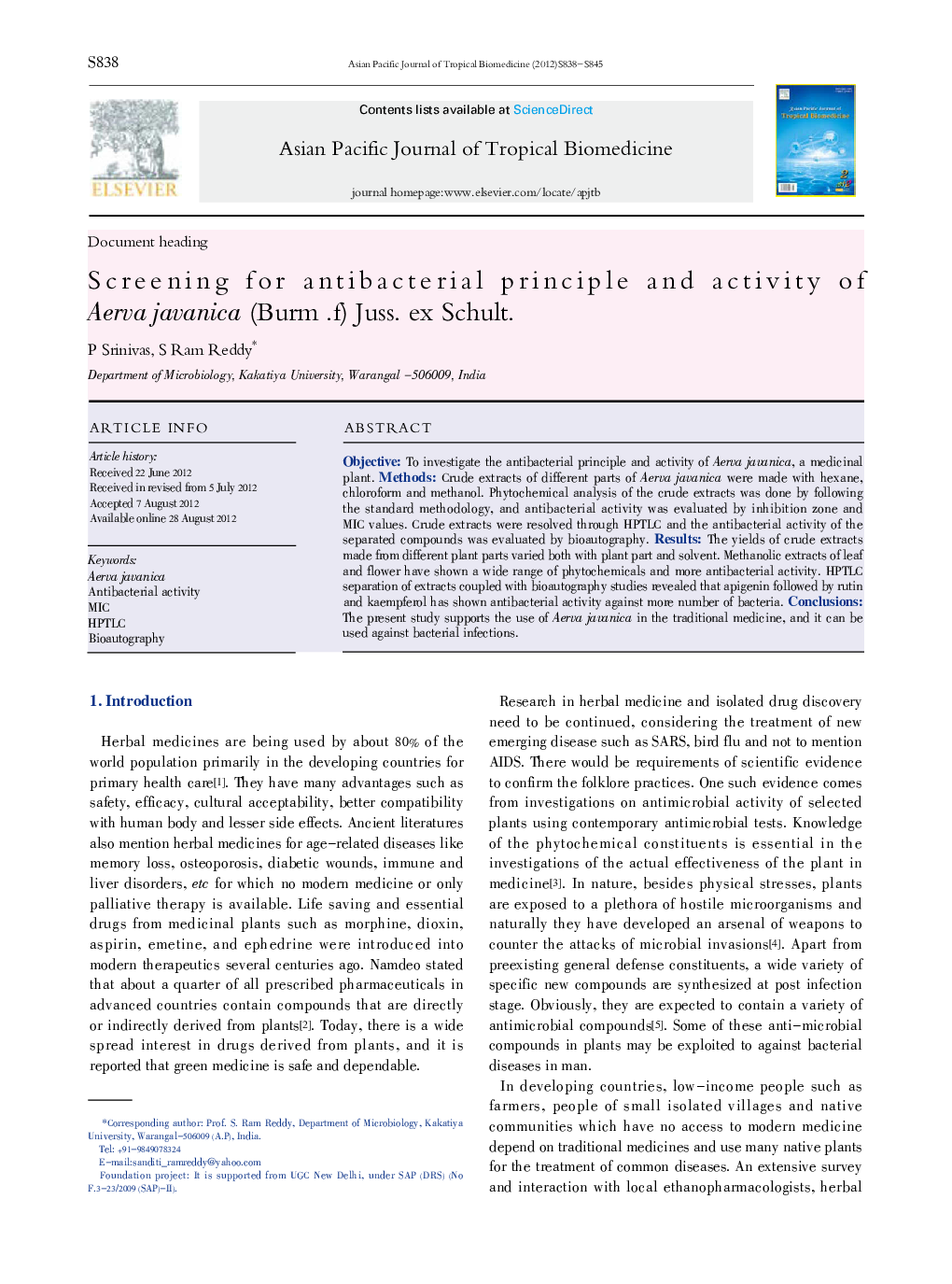 Screening for antibacterial principle and activity of Aerva javanica (Burm .f) Juss. ex Schult.
